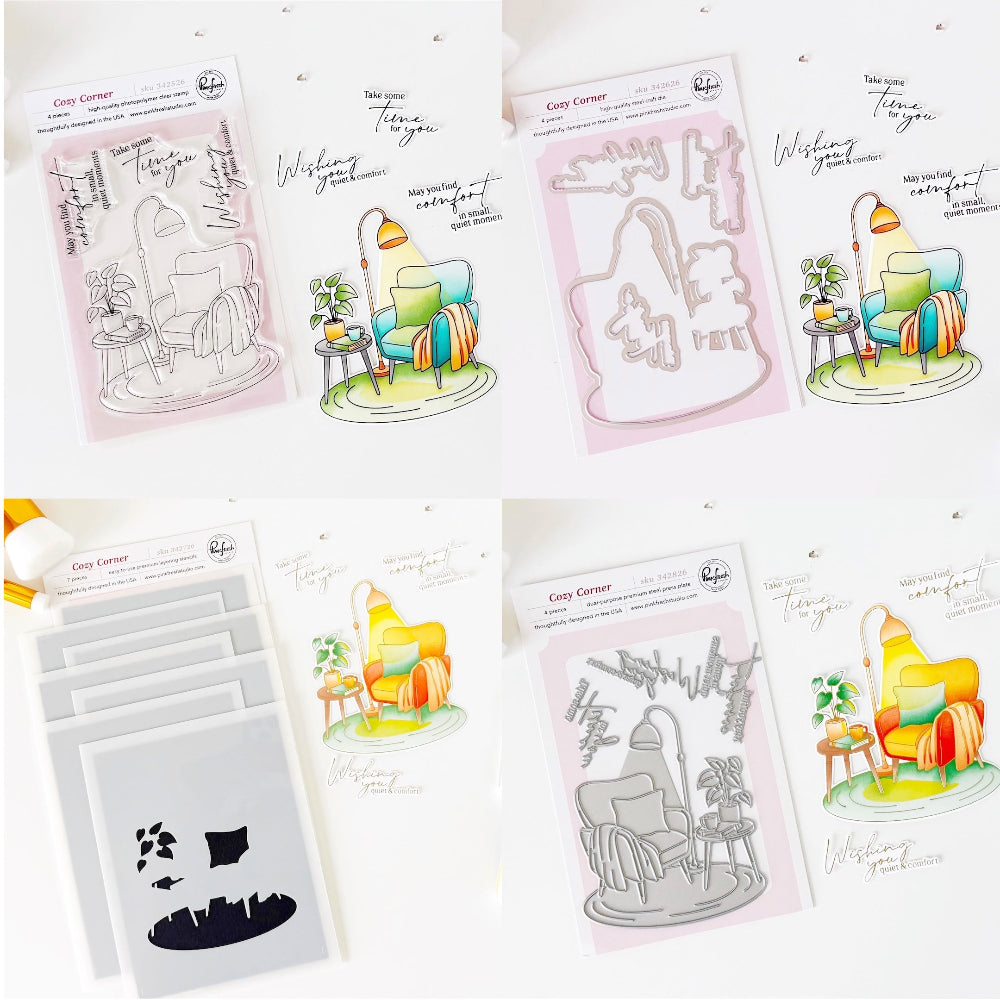 Pinkfresh Studio Cozy Corner Clear Stamps Dies Stencils And Press Plates Bundle