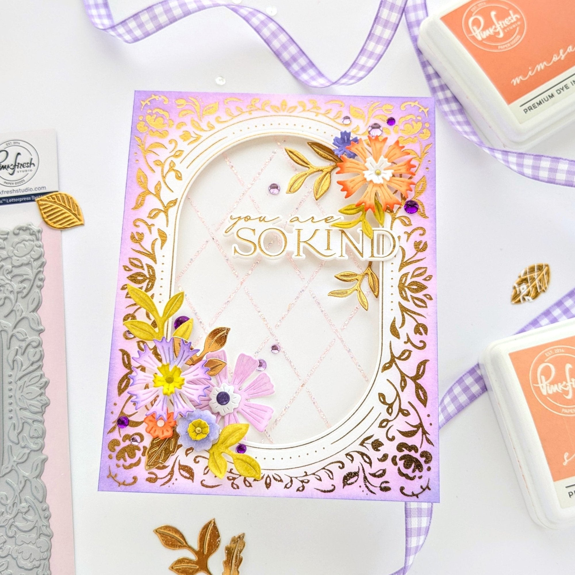 Pinkfresh Studio Dainty Floral Frame Press Plate 256624 Anne Purple And Orange You Are So Kind Card