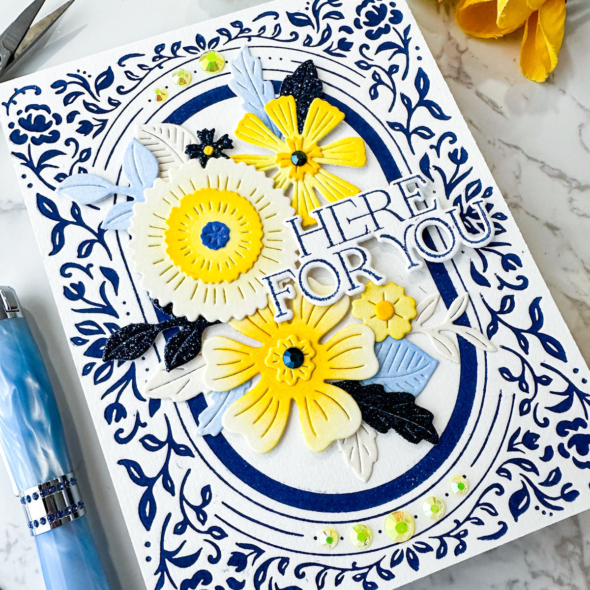 Pinkfresh Studio Dainty Floral Frame Press Plate 256624 Blue And Yellow Here For You Card