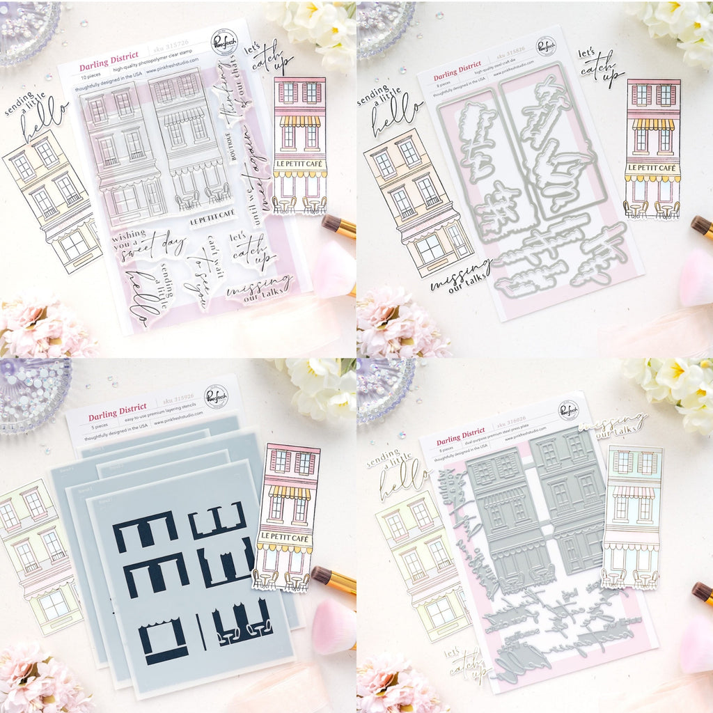 Pinkfresh Studio Darling District Clear Stamps Dies Stencils And Press Plates Bundle
