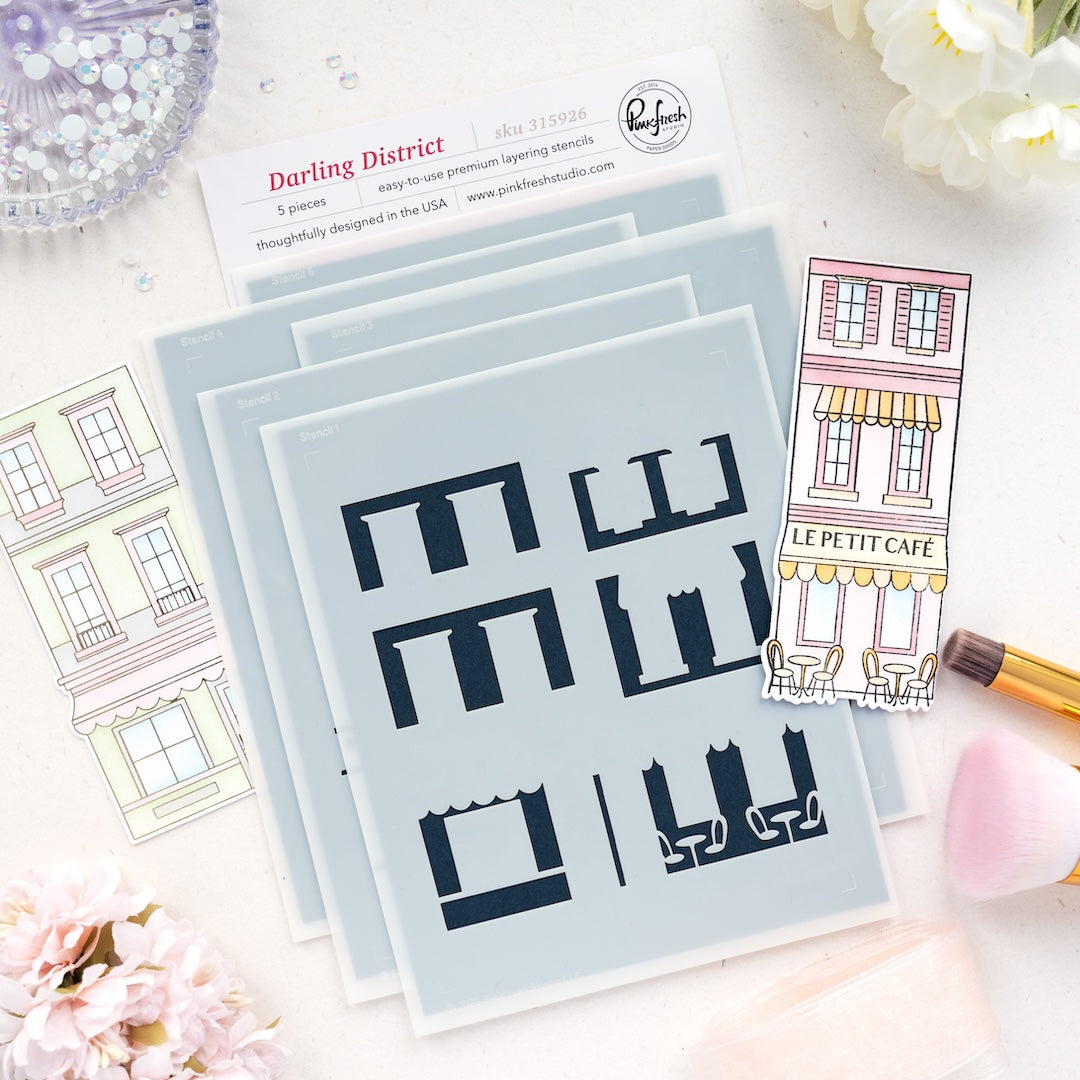 Pinkfresh Studio Darling District Clear Stamps Dies Stencils And Press Plates Bundle 315926 Stencils Set of 5