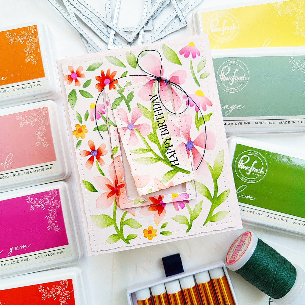 Pinkfresh Studio Dotted Nested Deckled Rectangles Dies pf186es Andrea Happy Birthday Card