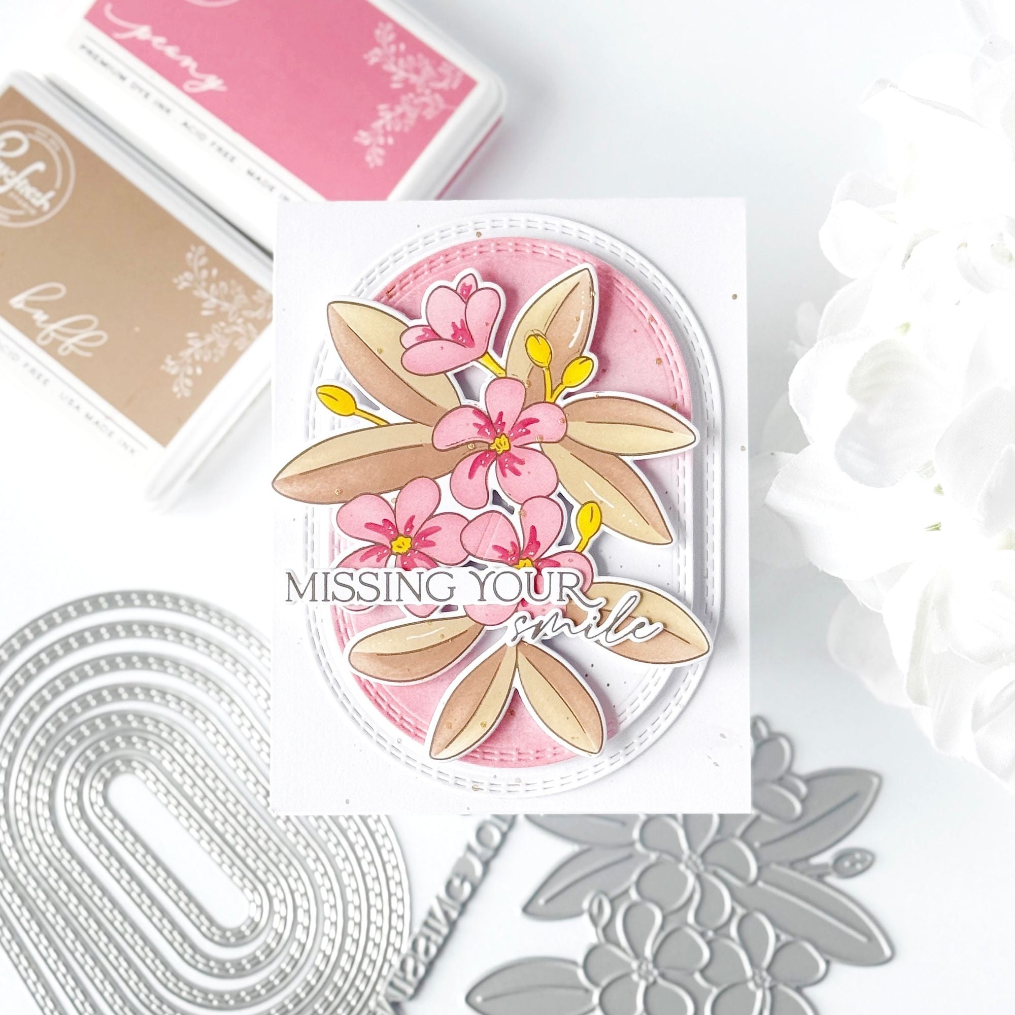 Pinkfresh Studio Double Stitched Elongated Oval Dies pf183es Missing Your Smile Card