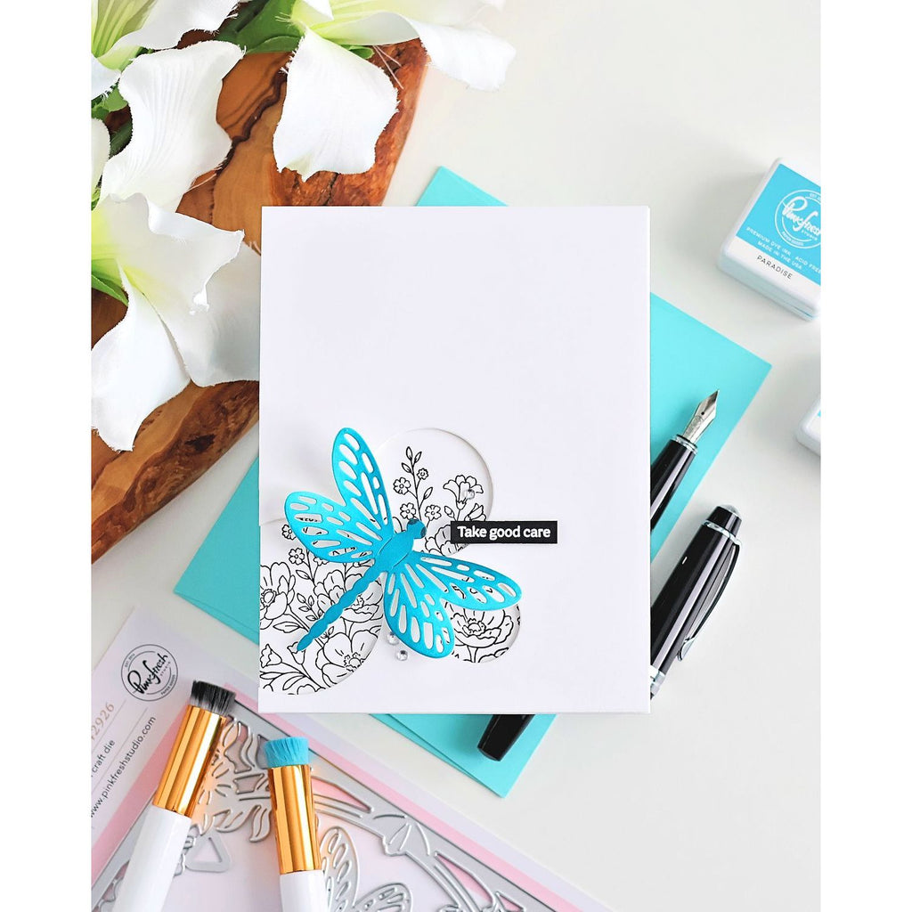 Pinkfresh Studio Dragonfly Floral Frame Coverplate Die 342926 Take Good Care Card