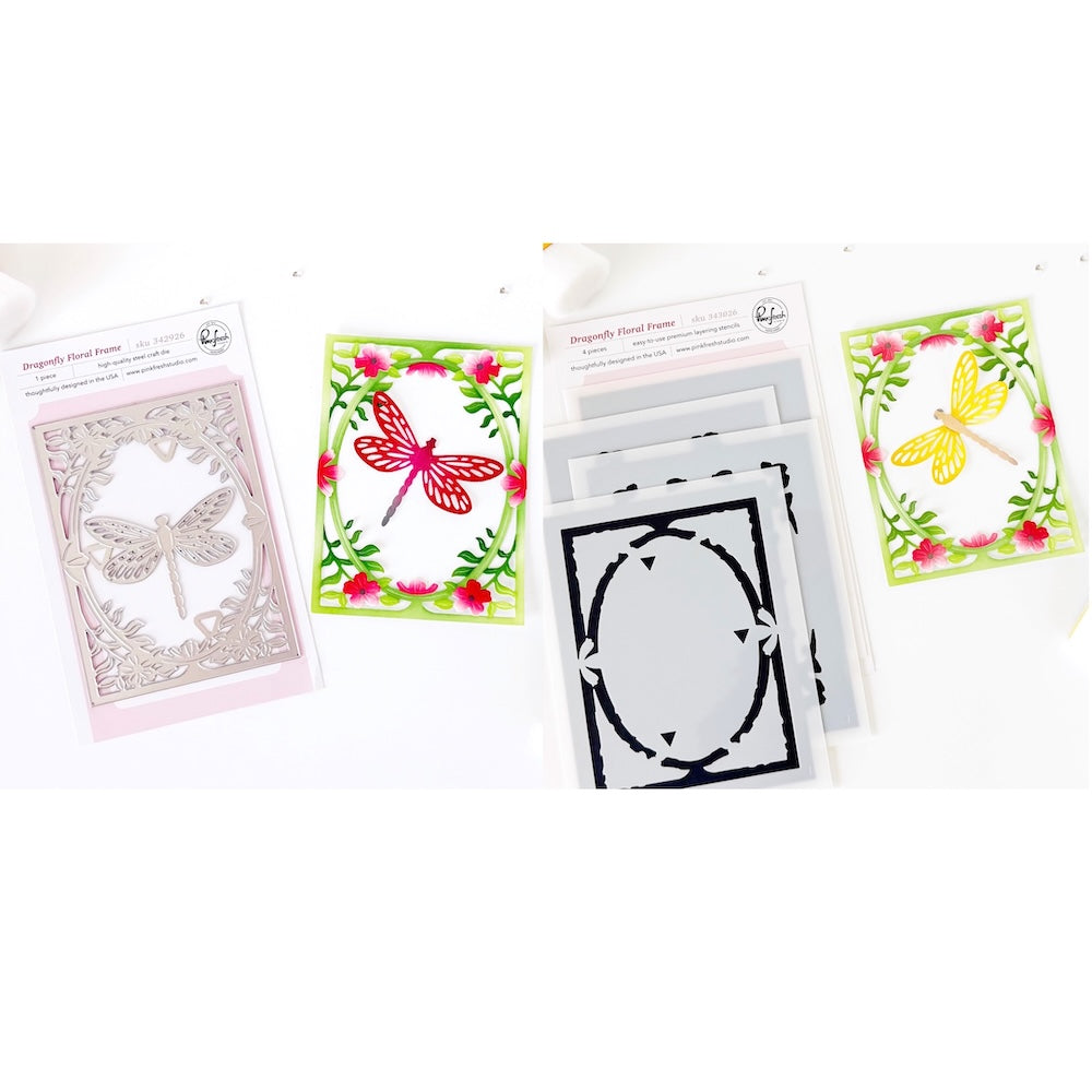 Pinkfresh Studio Dragonfly Floral Frame Coverplate Die And Stencils Bundle