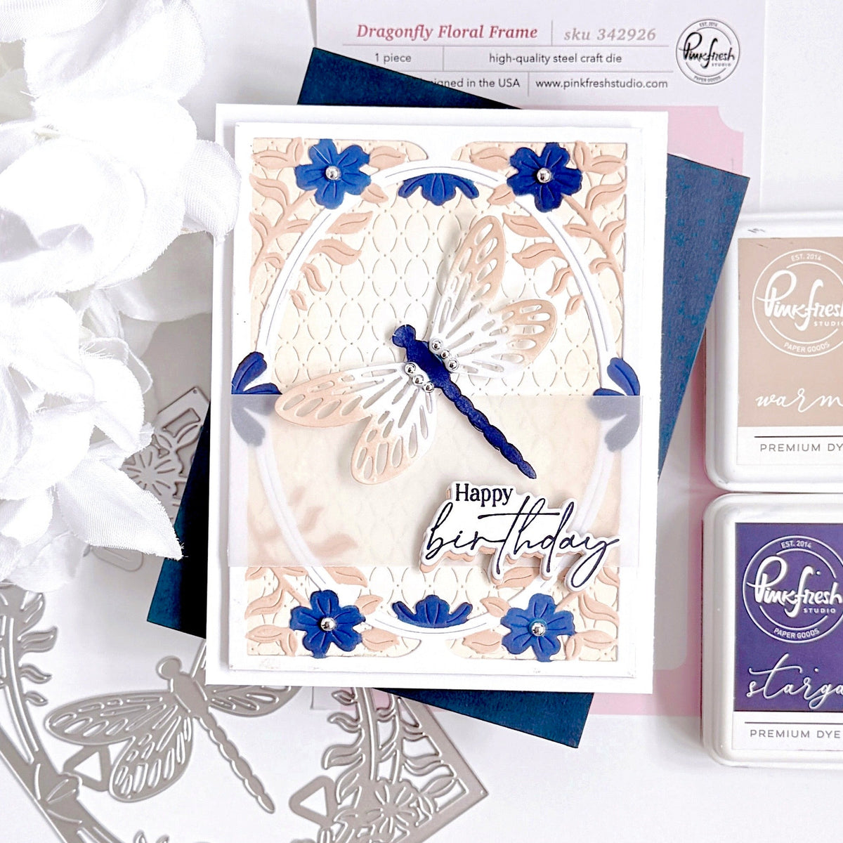 Pinkfresh Studio Dragonfly Floral Frame Coverplate Die And Stencils Bundle Happy Birthday Card