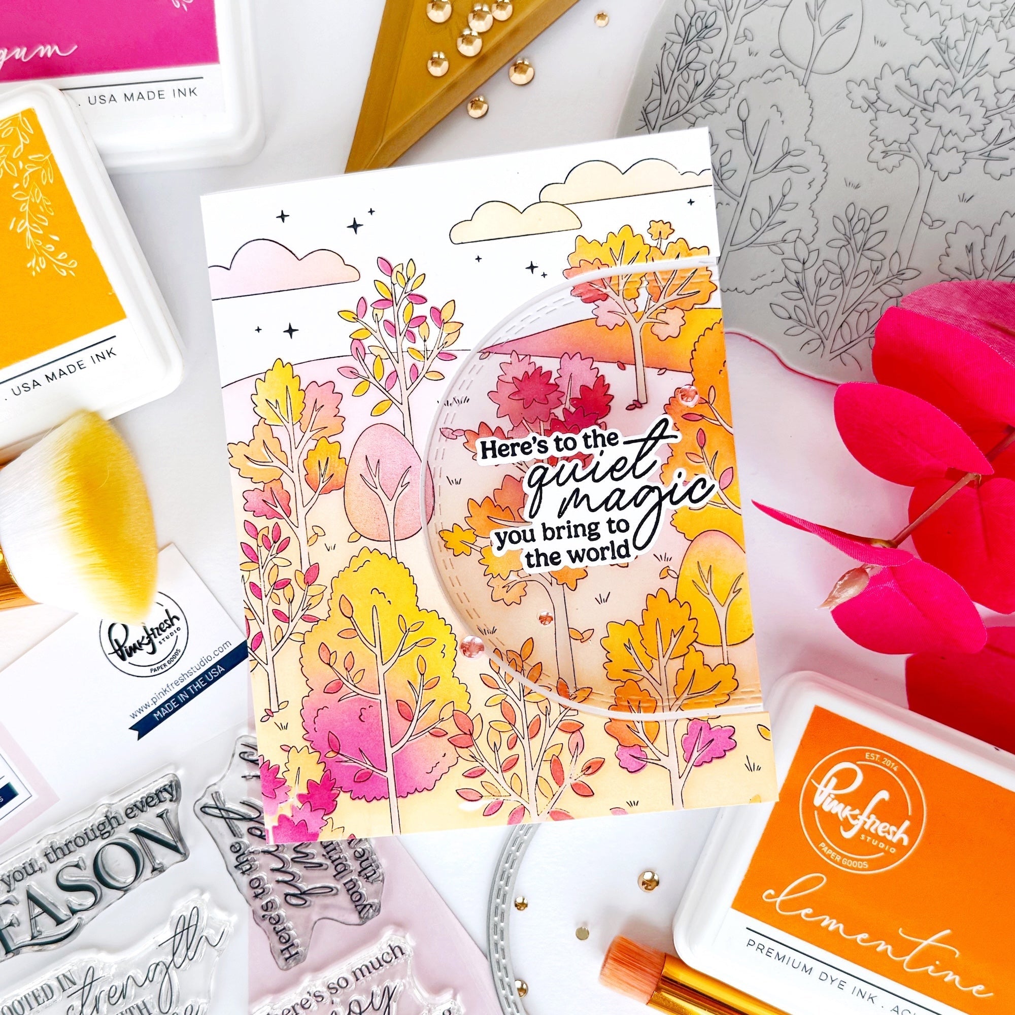 Pinkfresh Studio Dreamer's Forest Cling Stamp And Stencils Bundle Quiet Magic Card