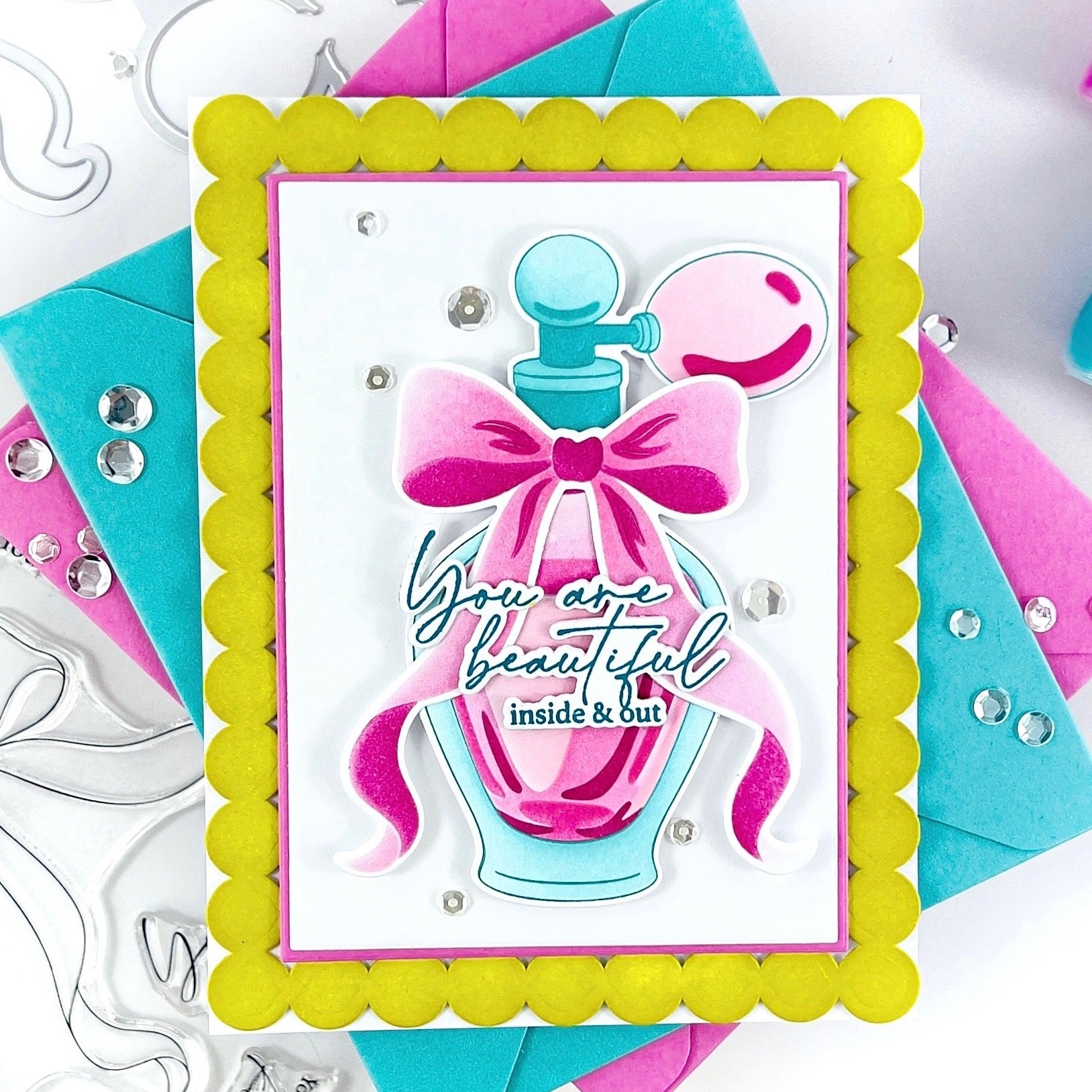 Pinkfresh Studio Elegant Essence Clear Stamps Dies Stencils And Press Plates Bundle Arsenia Card with Perfume