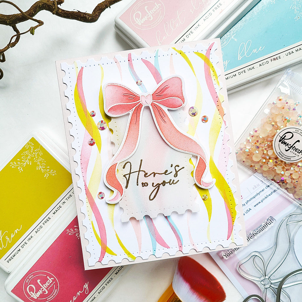 Pinkfresh Studio Elegant Essence Clear Stamps Dies Stencils And Press Plates Bundle Here's to You Card