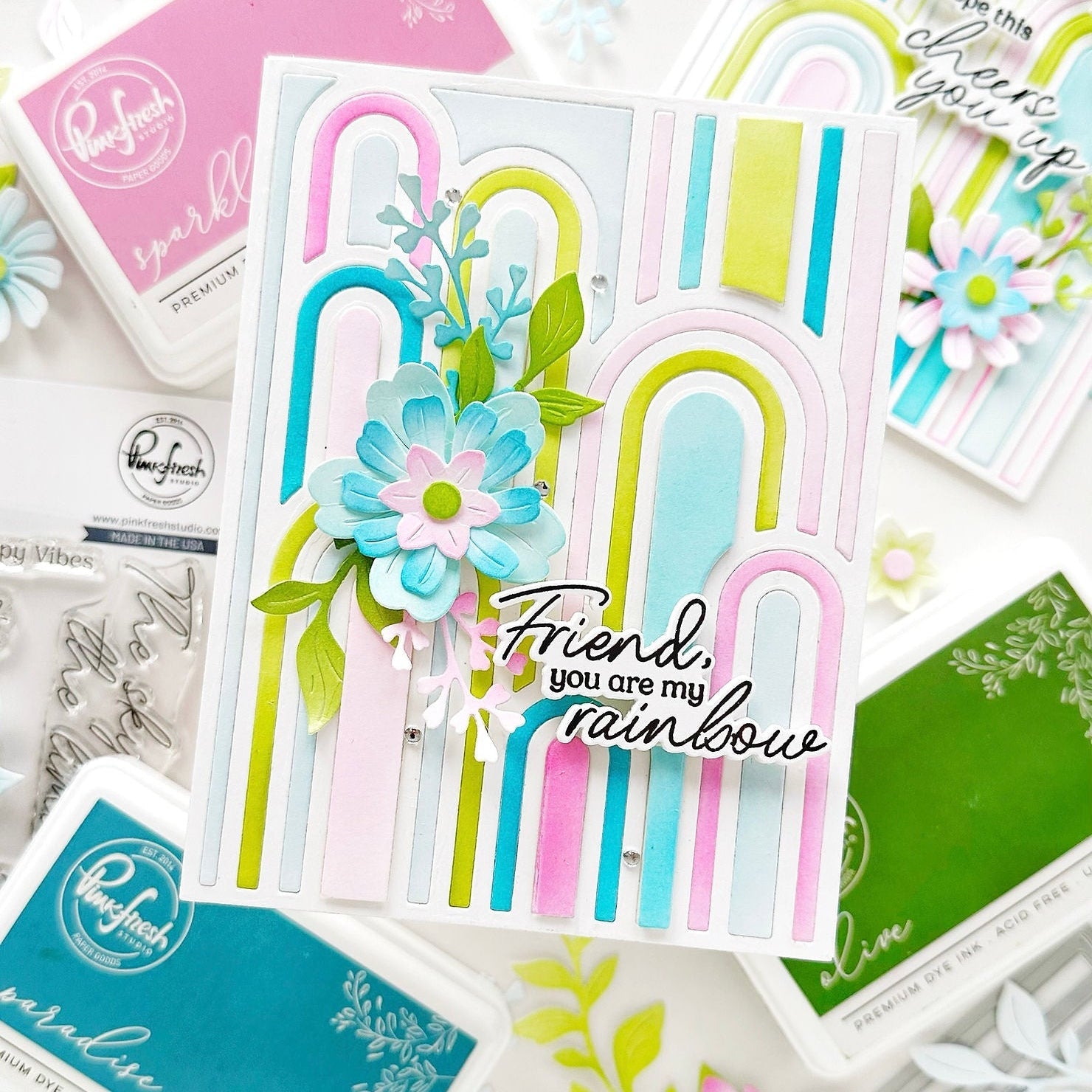 Pinkfresh Studio Elevated Rainbows Stencils 269325 Bright Friendship Card | color-code:ALT03