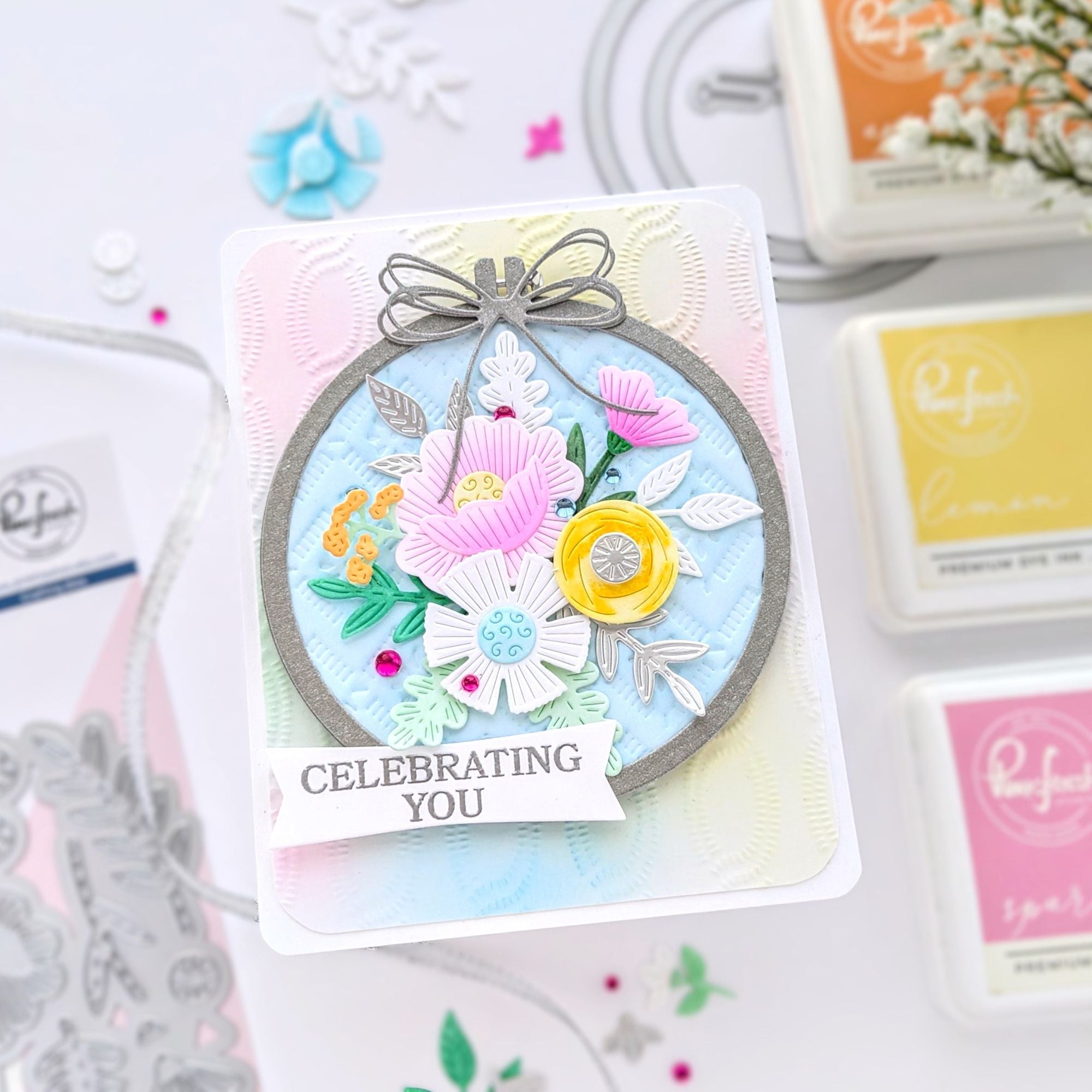 Pinkfresh Studio Embroidered Blooms Die 266425 Celebrating You Card