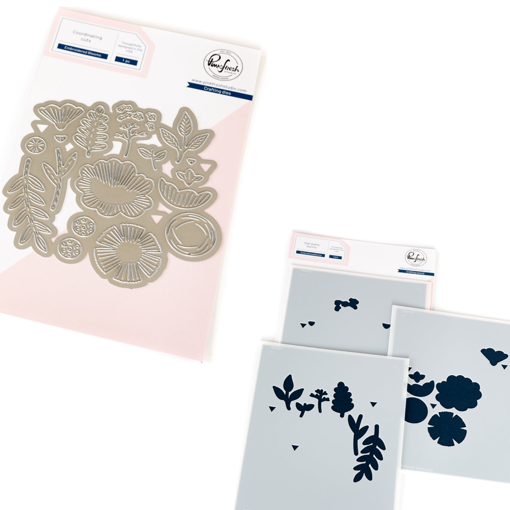 Pinkfresh Studio Embroidered Blooms Die And Stencil Bundle