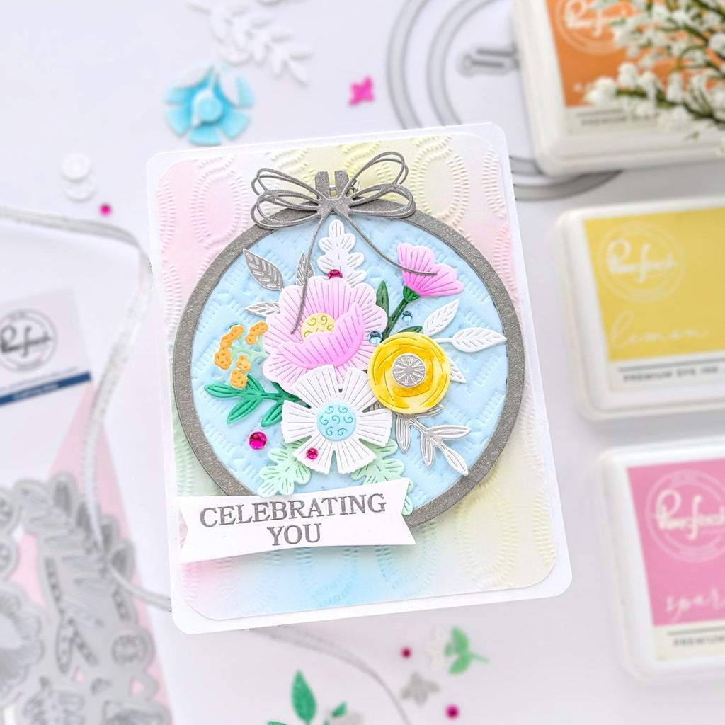 Pinkfresh Studio Embroidered Blooms Die And Stencil Bundle Celebrating You Card