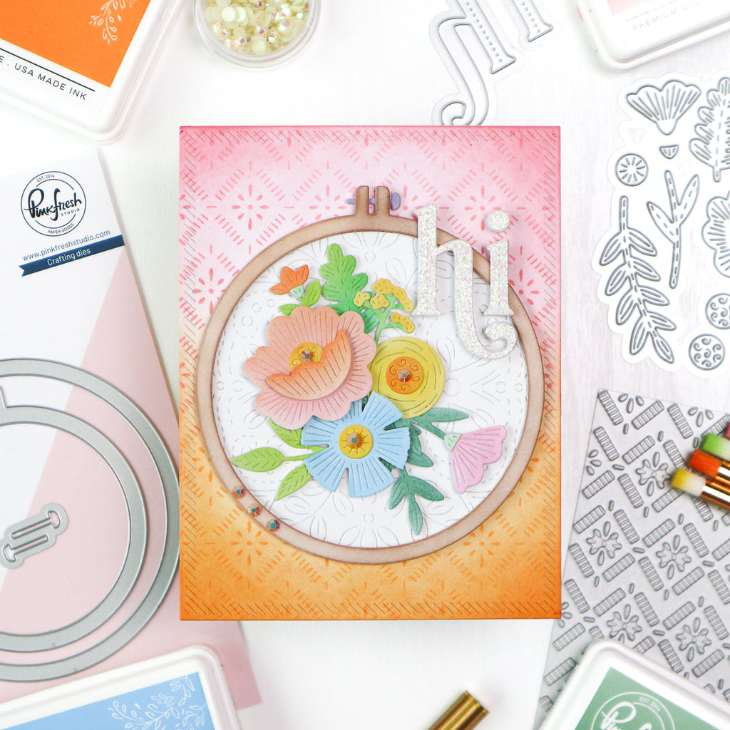 Pinkfresh Studio Embroidered Blooms Die And Stencil Bundle Floral Greeting Card