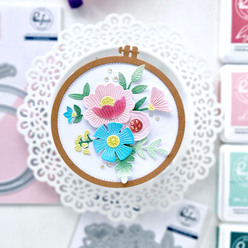 Pinkfresh Studio Embroidered Blooms Die And Stencil Bundle Floral Tag