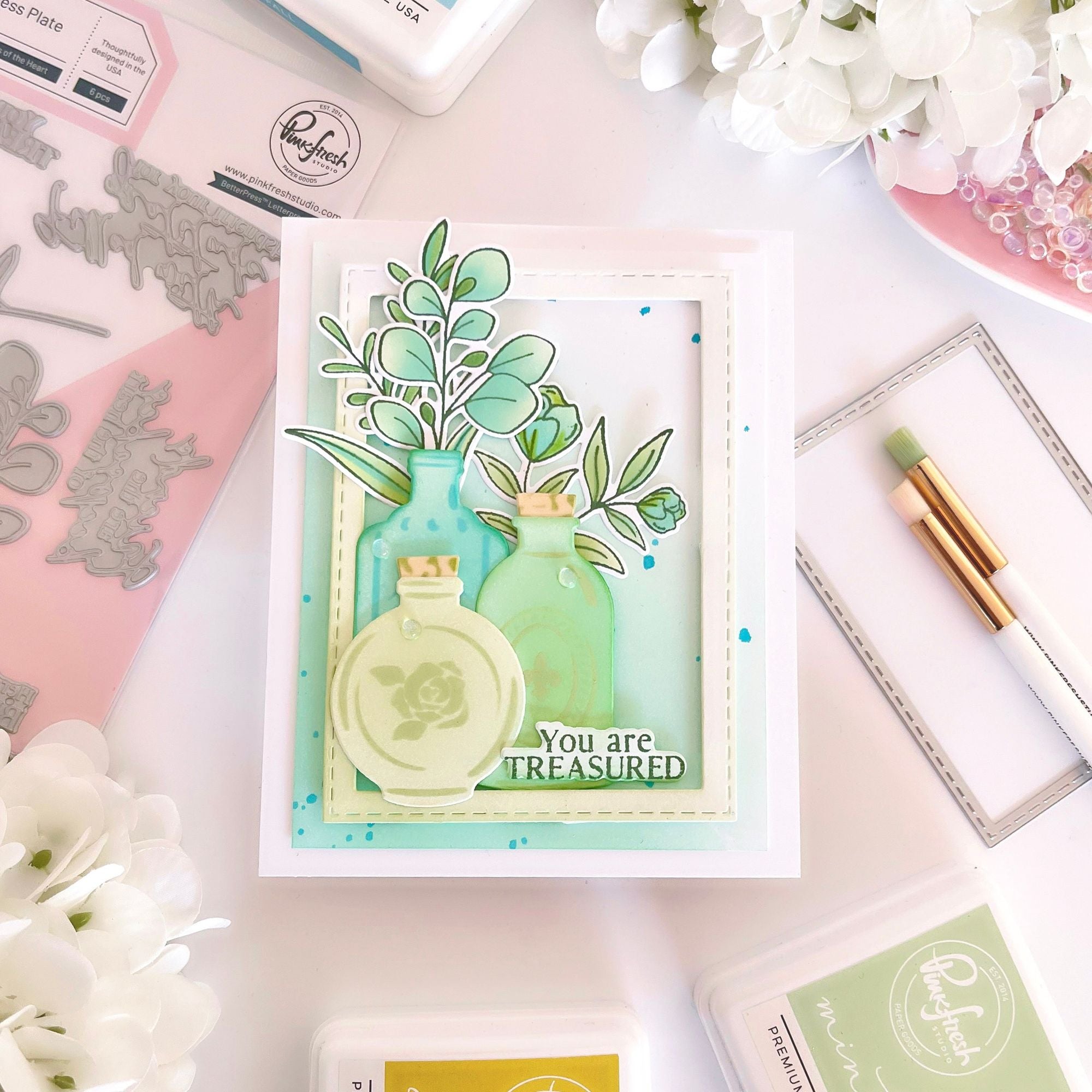 Pinkfresh Studio Essentials Single Stitch Rectangle Dies pf185es You Are Treasured Card