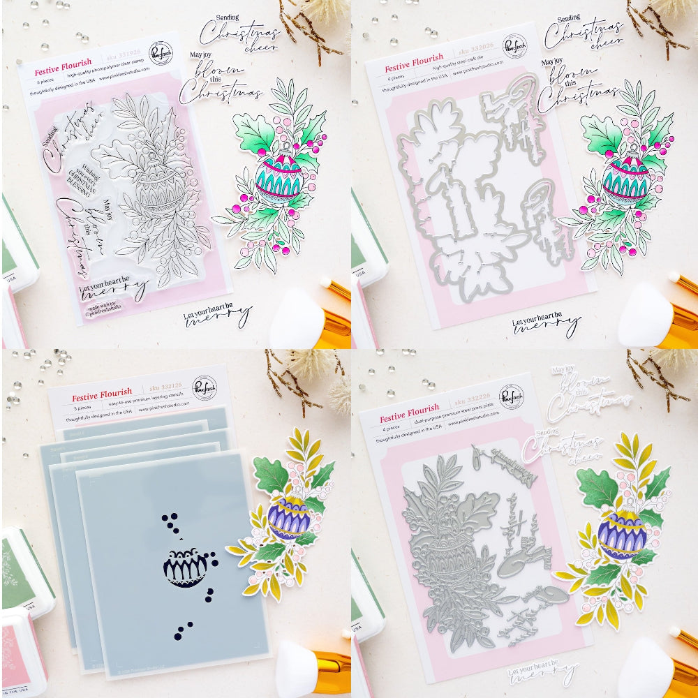 Pinkfresh Studio Festive Flourish Clear Stamps Dies Stencils And Press Plates Bundle
