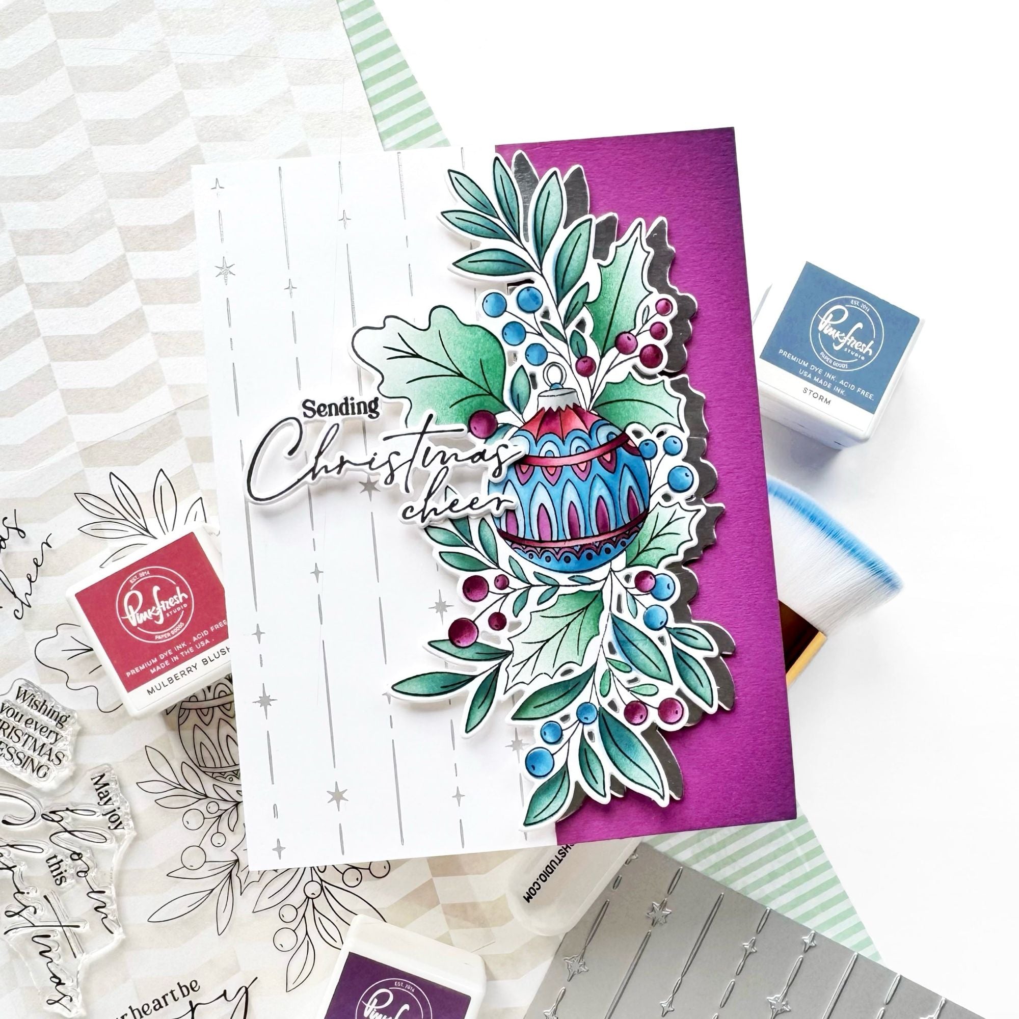 Pinkfresh Studio Festive Flourish Stencils 332126 Sending Christmas Cheer Card