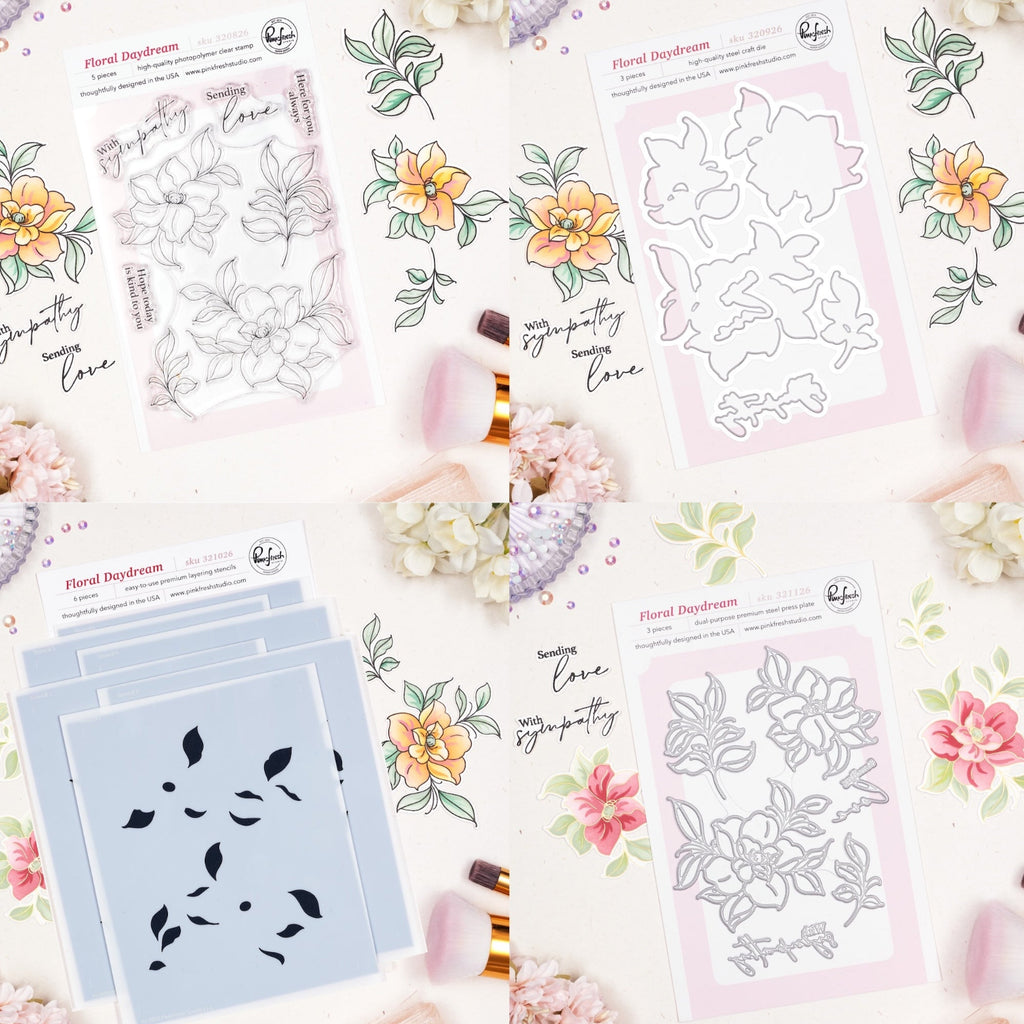 Pinkfresh Studio Floral Daydream Clear Stamps Dies Stencils And Press Plates Bundle