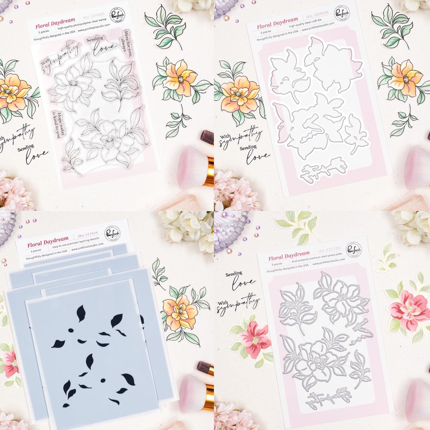 Pinkfresh Studio Floral Daydream Clear Stamps Dies Stencils And Press Plates Bundle