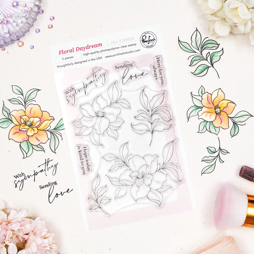 Pinkfresh Studio Floral Daydream Clear Stamps Dies Stencils And Press Plates Bundle 320826 Clear Stamp Set