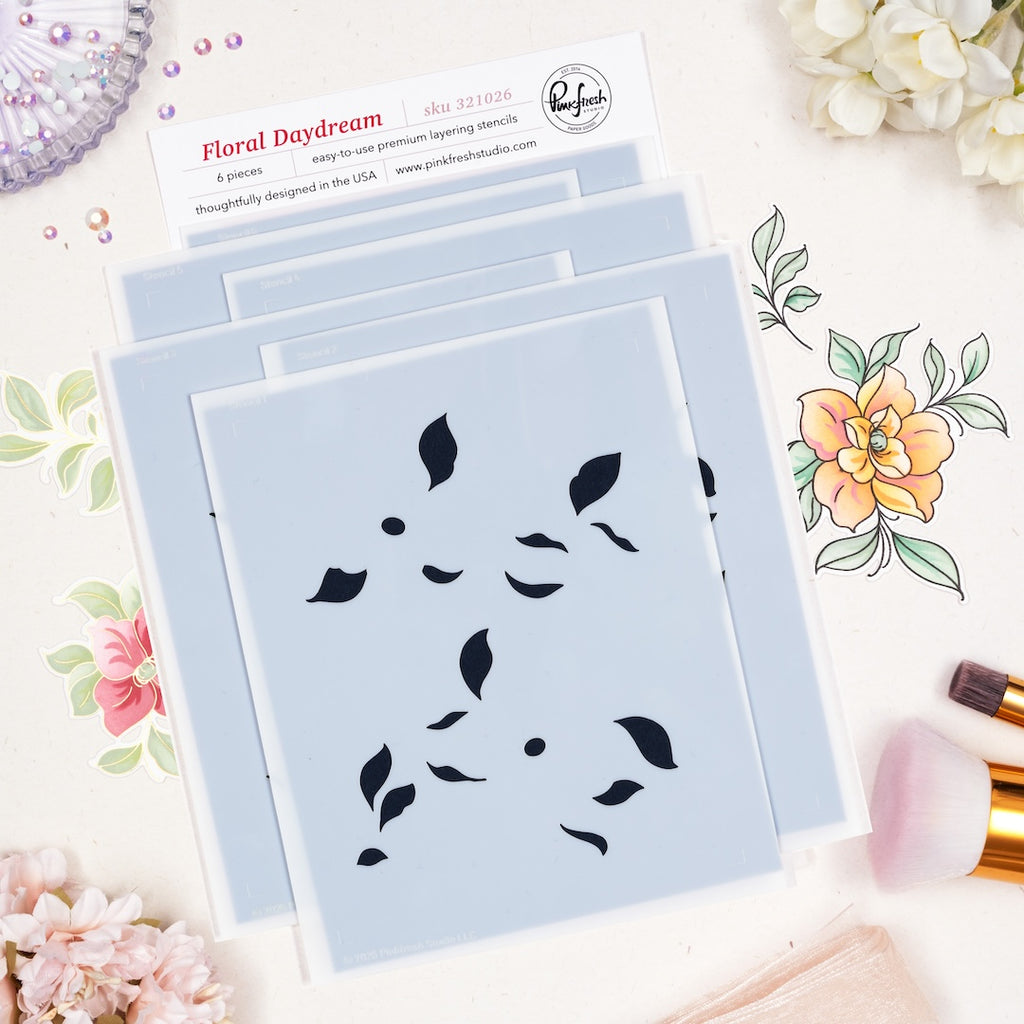 Pinkfresh Studio Floral Daydream Clear Stamps Dies Stencils And Press Plates Bundle 321026 Stencils Set