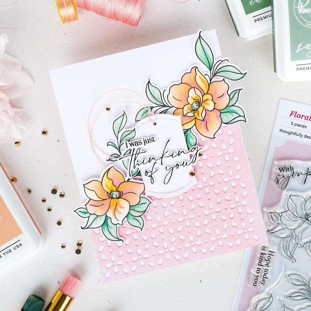 Pinkfresh Studio Floral Daydream Clear Stamps Dies Stencils And Press Plates Bundle I Was Just Thinking Of You Card