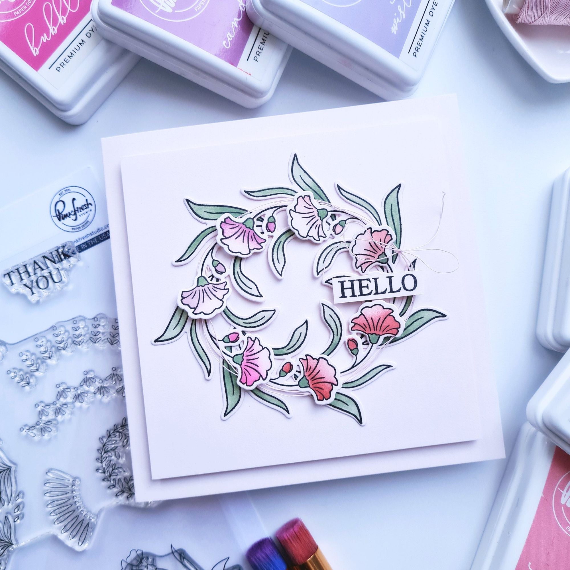 Pinkfresh Studio Floral Kaleidoscope Clear Stamps 266125 Floral Hello Card