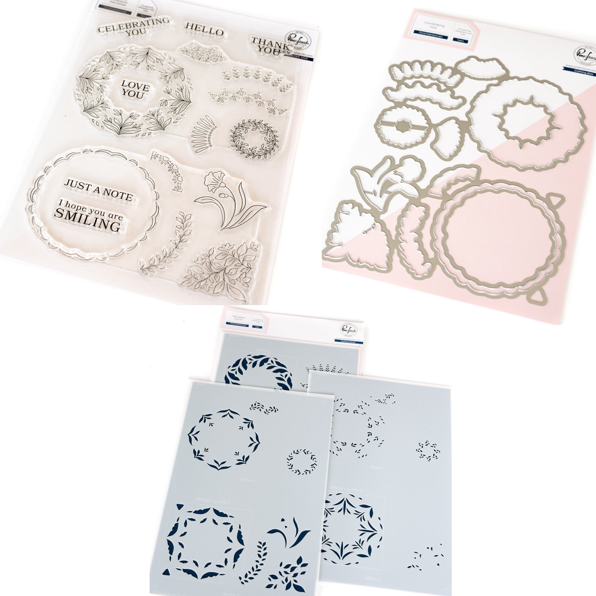 Pinkfresh Studio Floral Kaleidoscope Stamps Dies And Stencils Bundle