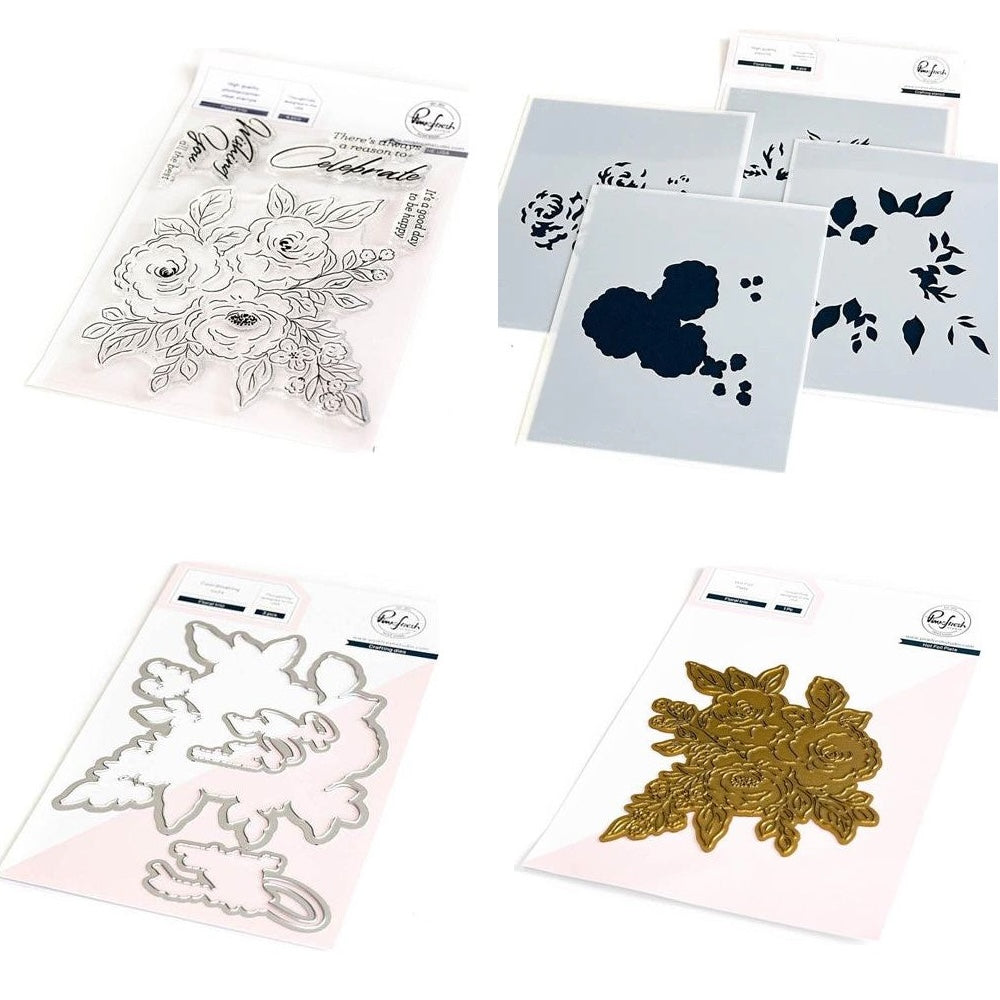 Pinkfresh Studio Floral Trio Stamps Dies Stencil And Hot Foil Plate Bundle