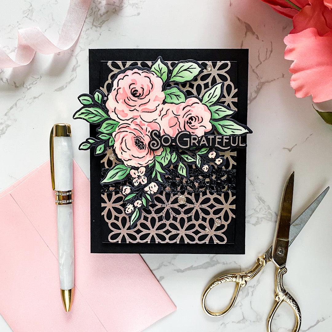 Pinkfresh Studio Floral Trio Stamps Dies Stencil And Hot Foil Plate Bundle Grateful Card