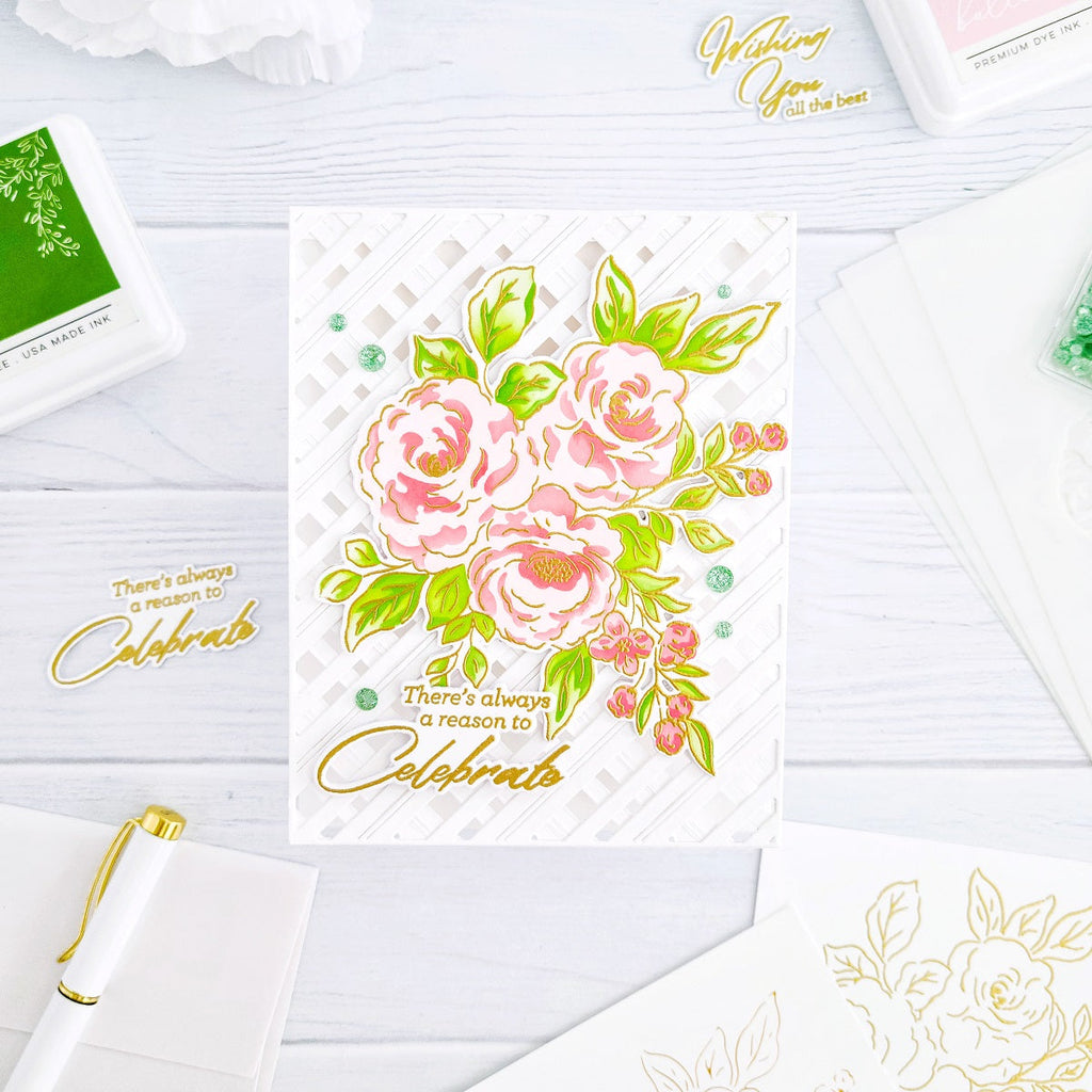 Pinkfresh Studio Floral Trio Stamps Dies Stencil And Hot Foil Plate Bundle Yasmin Diaz Card