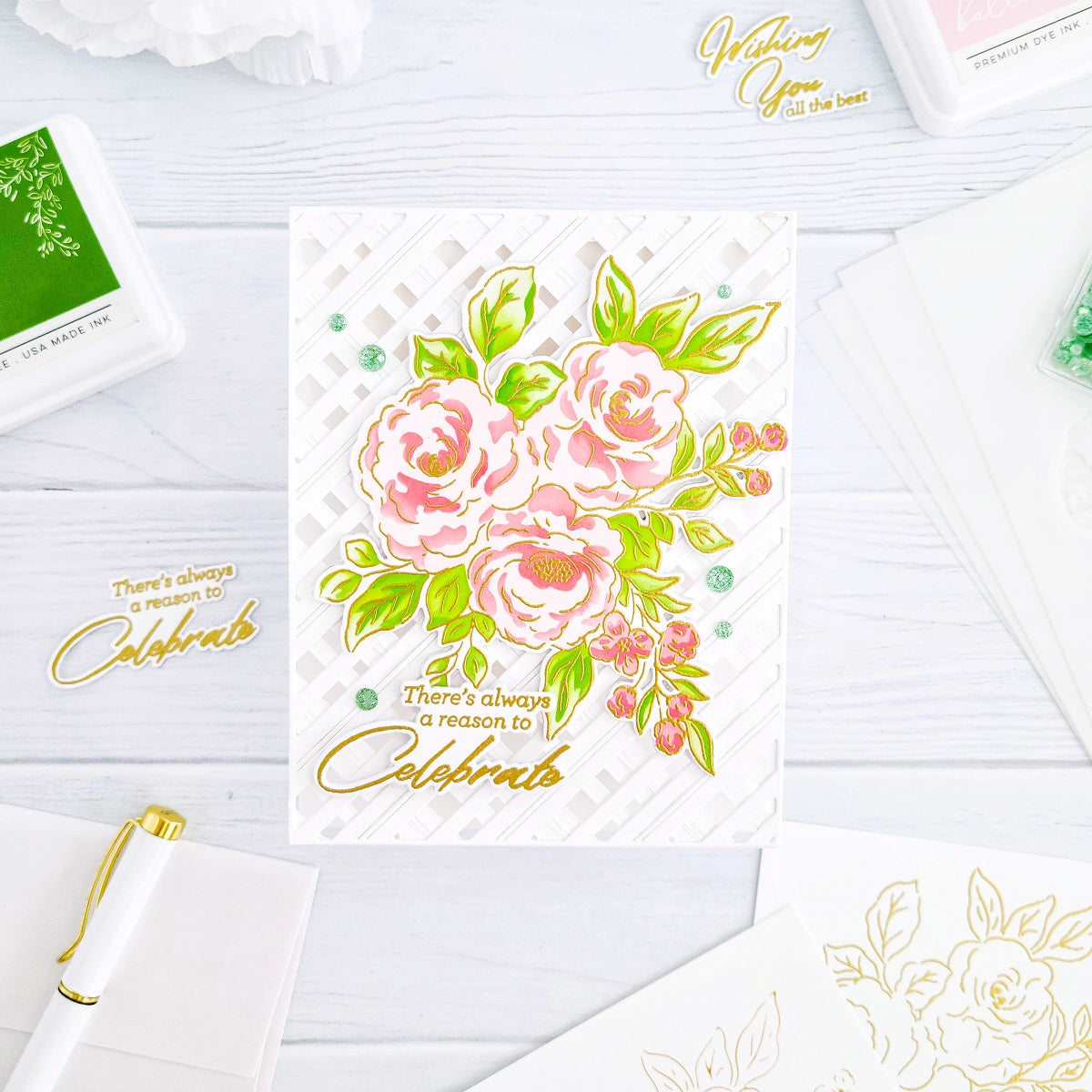 Pinkfresh Studio Floral Trio Stamps Dies Stencil And Hot Foil Plate Bundle Yasmin Diaz Card