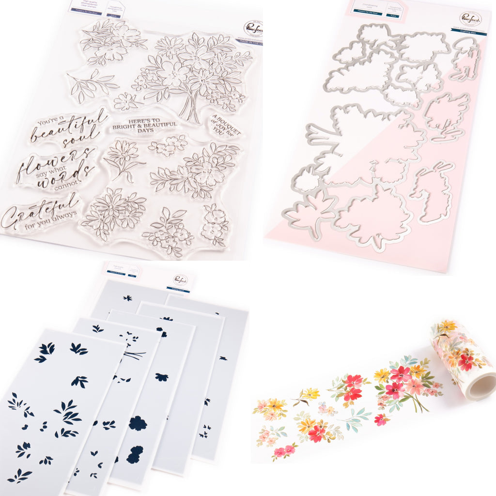Pinkfresh Studio Flowers For The Soul Stamps Dies Stencils And Washi Tape Bundle