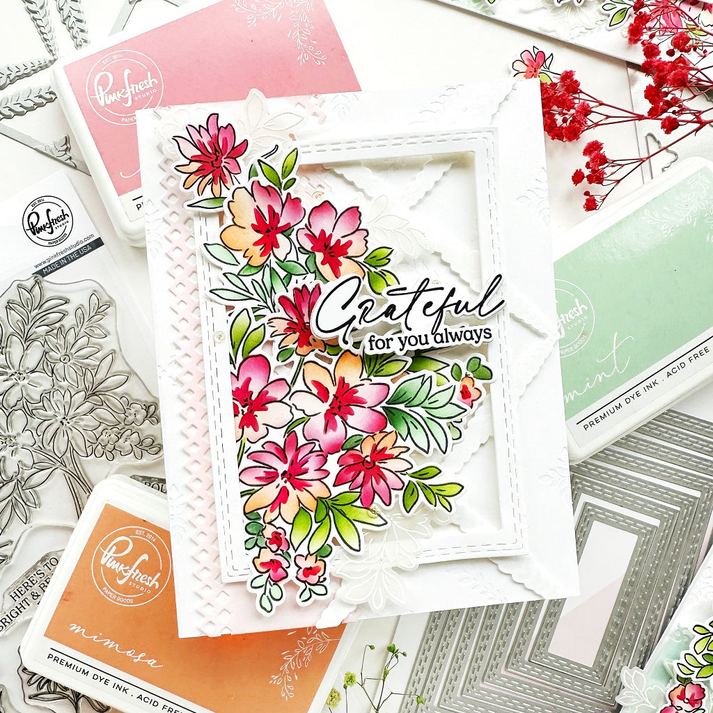 Pinkfresh Studio Flowers For The Soul Stamps Dies Stencils And Washi Tape Bundle Grateful For You Always Card