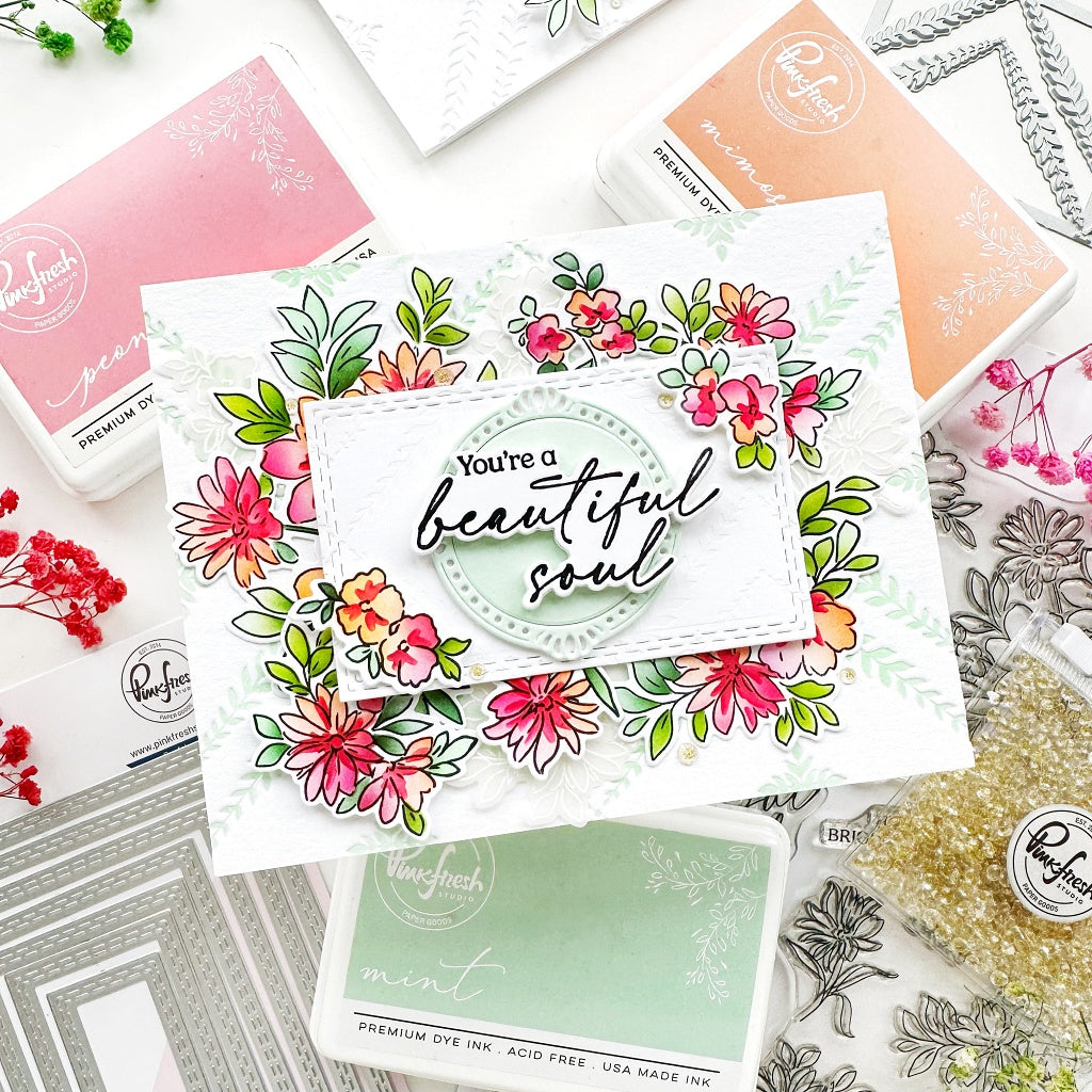 Pinkfresh Studio Flowers For The Soul Stamps Dies Stencils And Washi Tape Bundle You're A Beautiful Soul Card