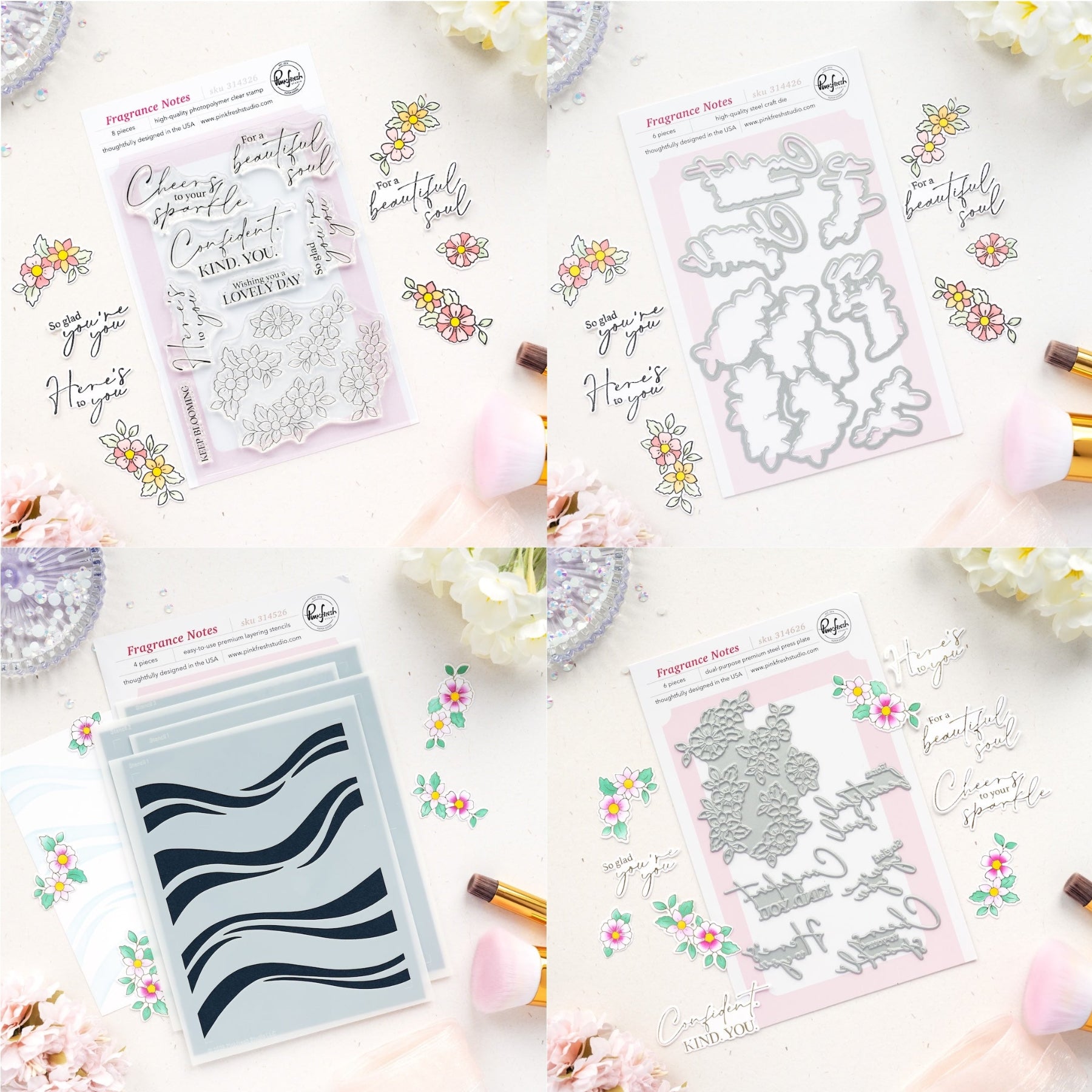 Pinkfresh Studio Fragrance Notes Clear Stamps Dies Stencils And Press Plates Bundle