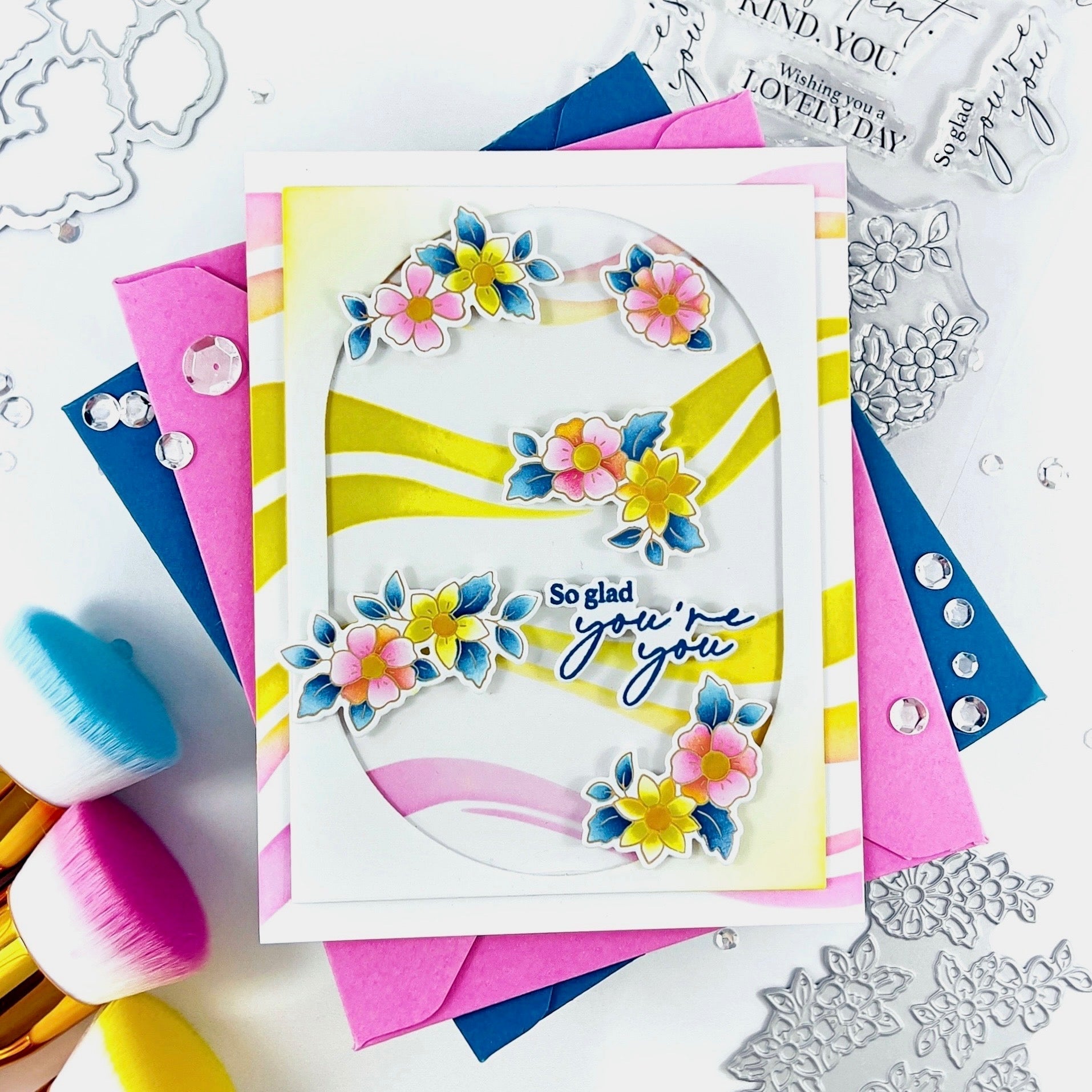 Pinkfresh Studio Fragrance Notes Clear Stamps Dies Stencils And Press Plates Bundle Arsenia So glad you're you card