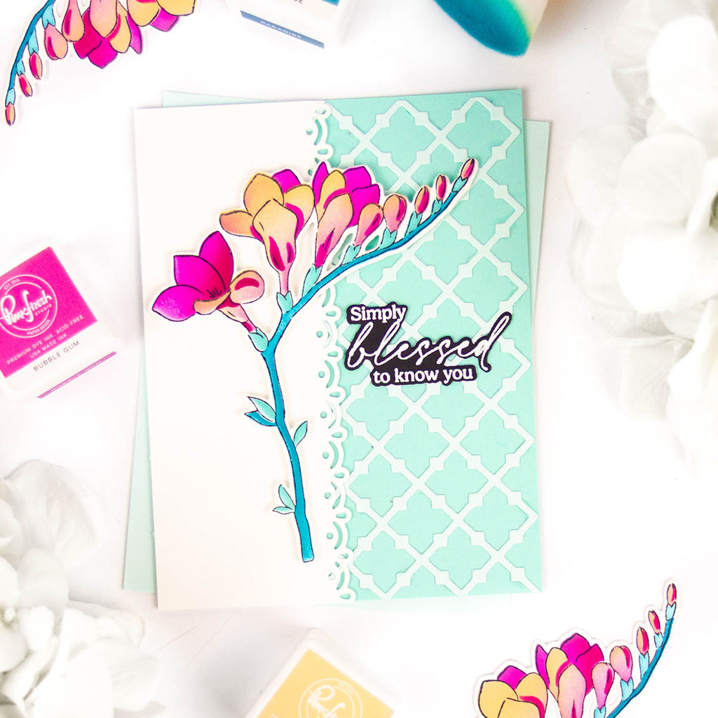 Pinkfresh Studio Freesia Flourish Clear Stamps 300025 Simply Blessed To Know You Card