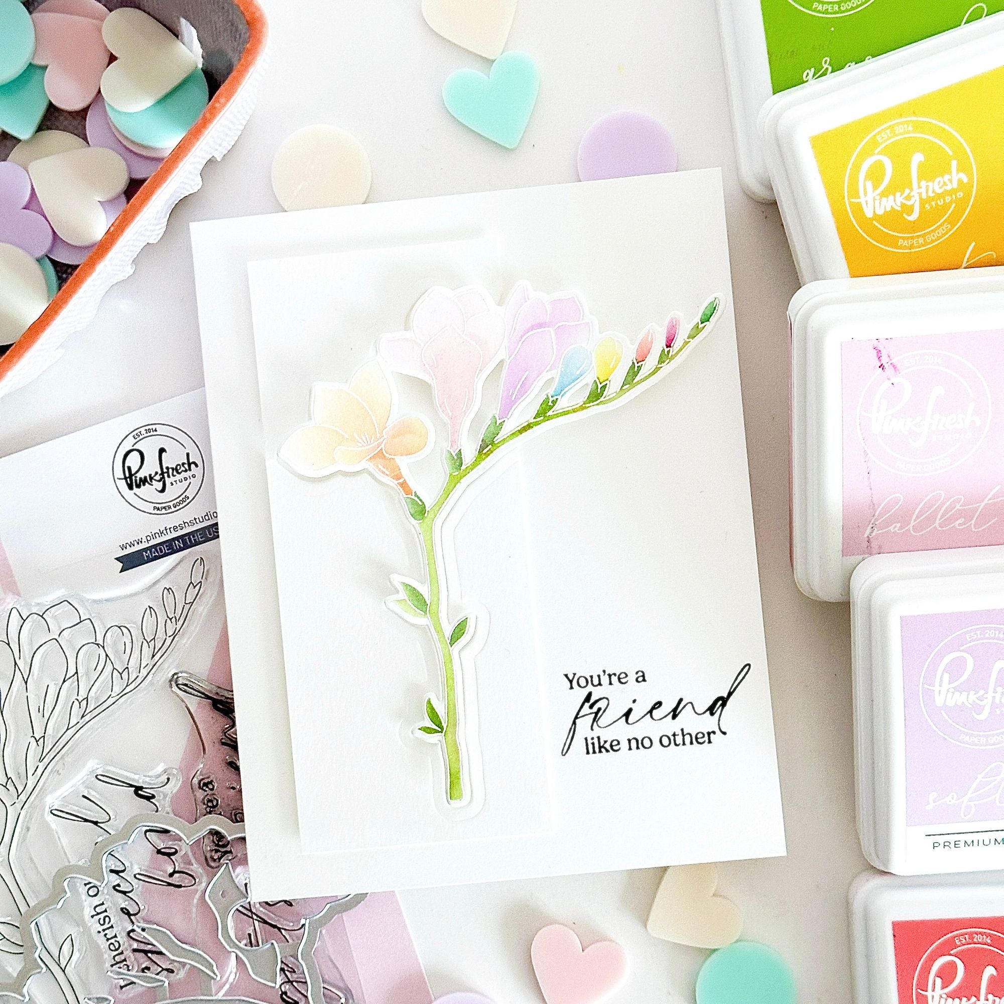 Pinkfresh Studio Freesia Flourish Clear Stamps 300025 You're A Friend Like No Other Card