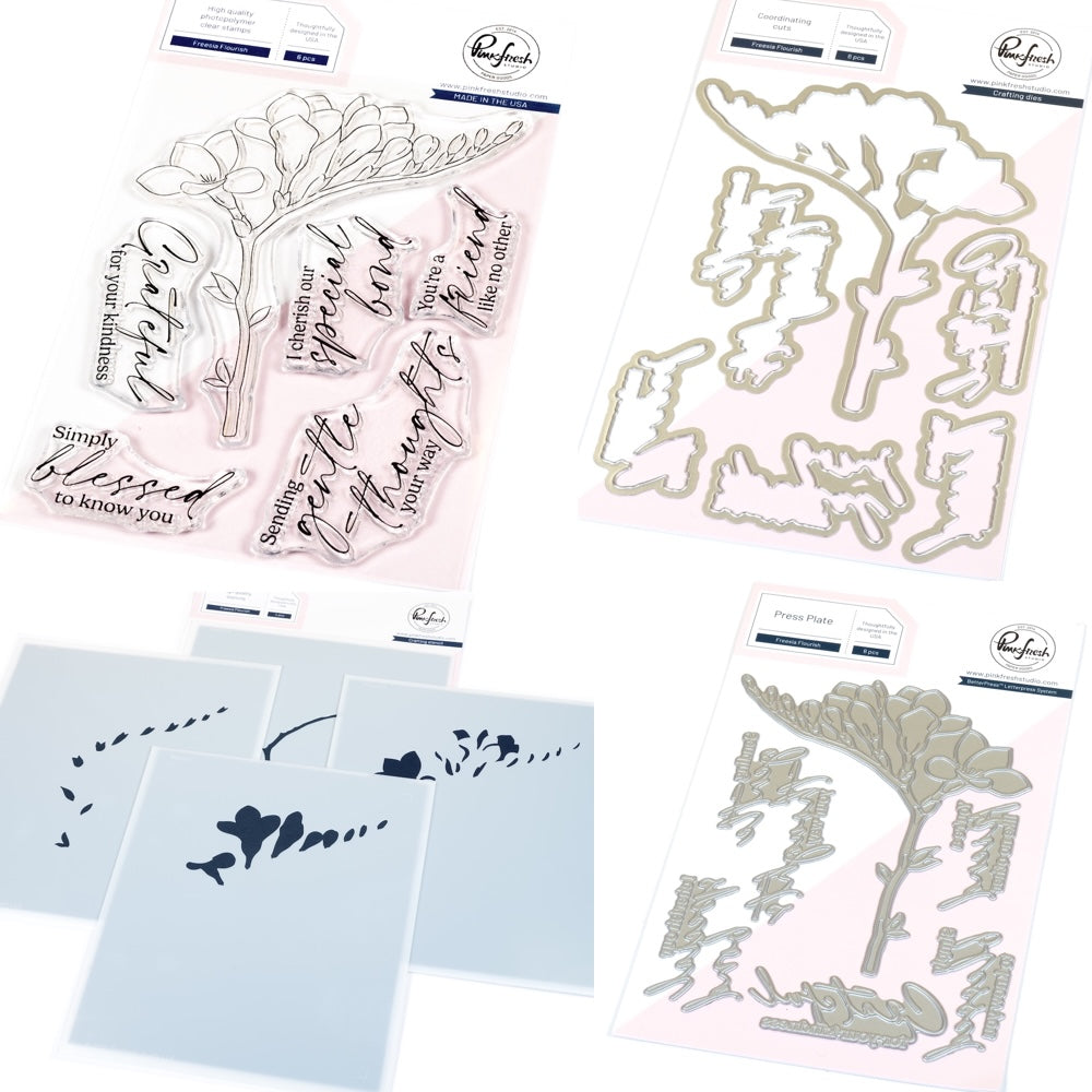 Pinkfresh Studio Freesia Flourish Stamps Dies Stencils And Press Plates Bundle