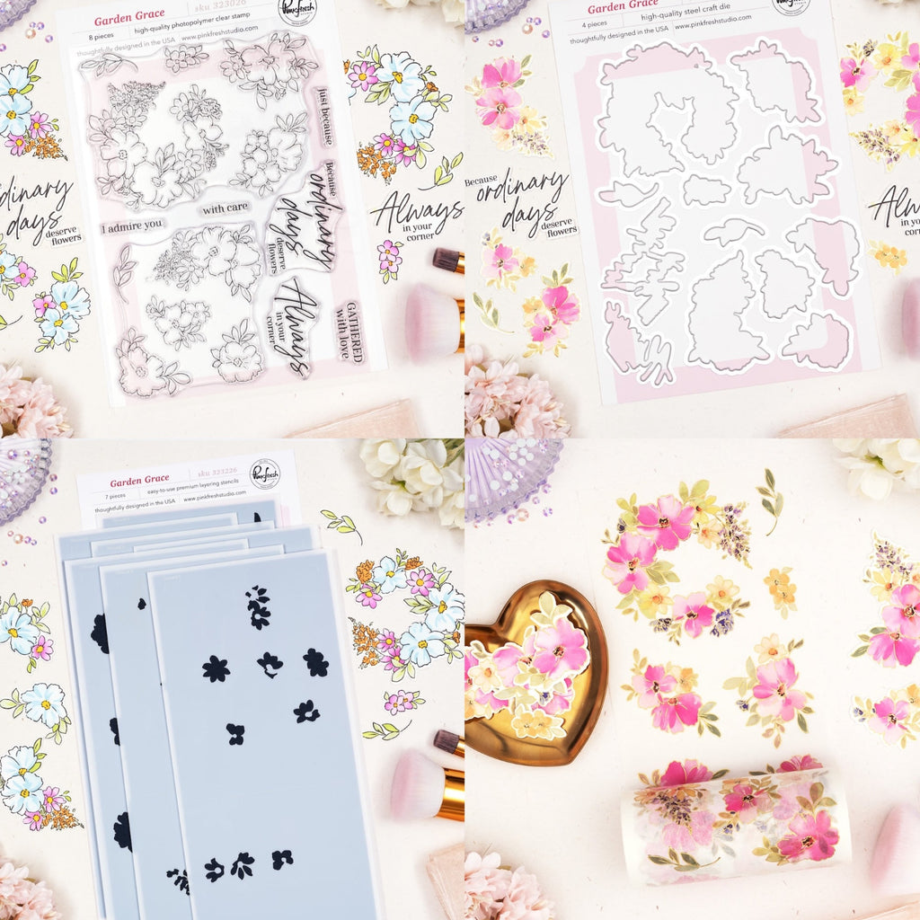 Pinkfresh Studio Garden Grace Clear Stamps Dies Stencils And Washi Tape Bundle