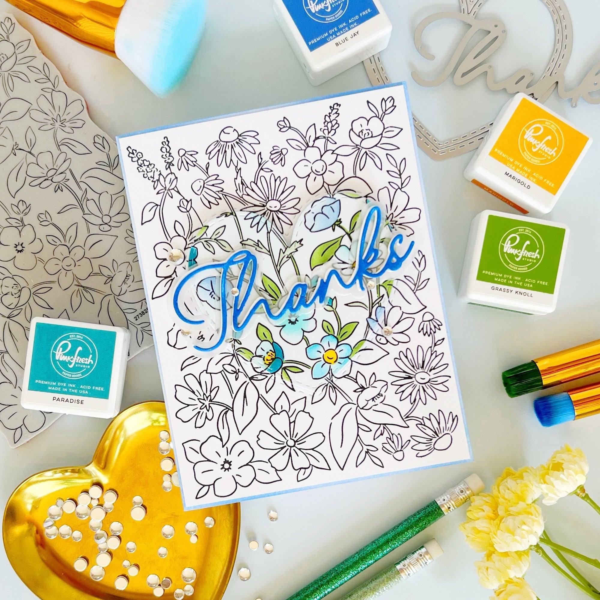 Pinkfresh Studio Garden Medley Stamp Die Stencils And Press Plate Bundle Thanks Card