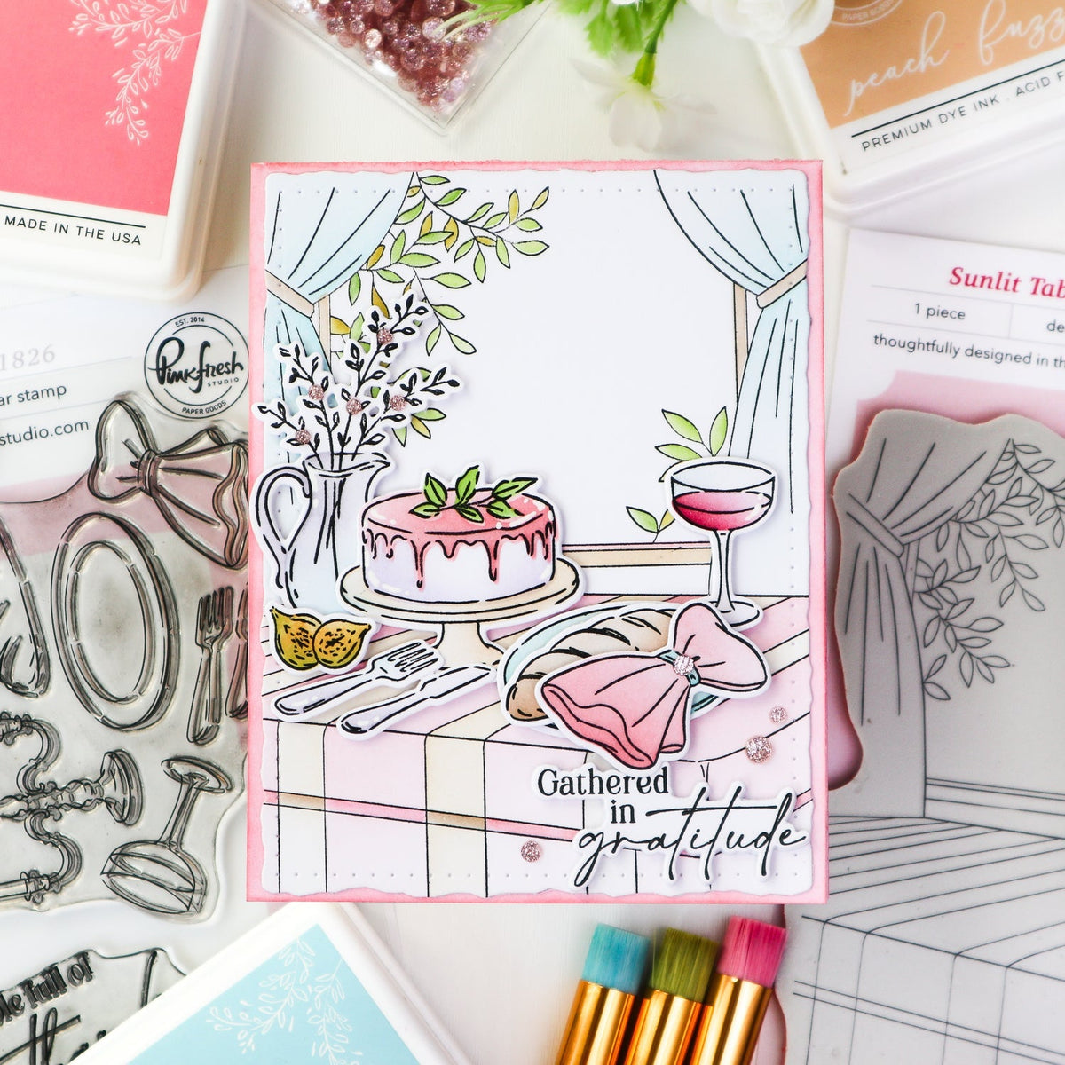 Pinkfresh Studio Gathered In Gratitude Clear Stamps 341826 Cake And Wine Card