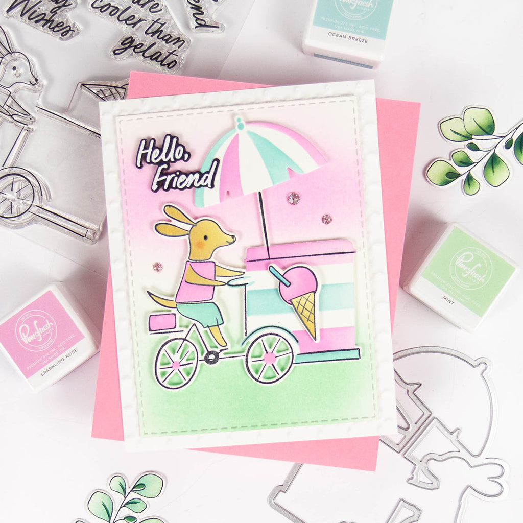Pinkfresh Studio Gelato On The Go Stamps Dies And Stencil Bundle Hello Friend Card