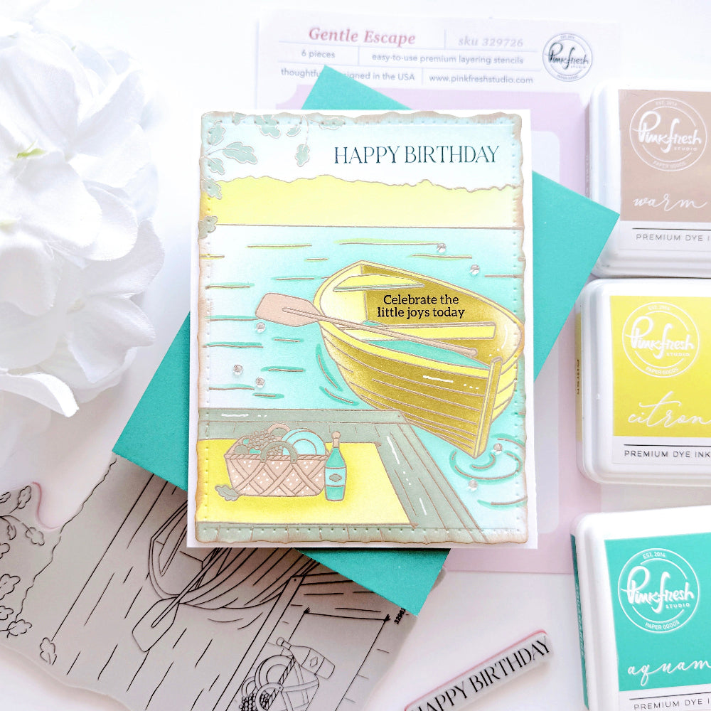 Pinkfresh Studio Gentle Escape Cling Stamps 329626 Cheryl Happy Birthday Celebrate the little joys today rowboat Card