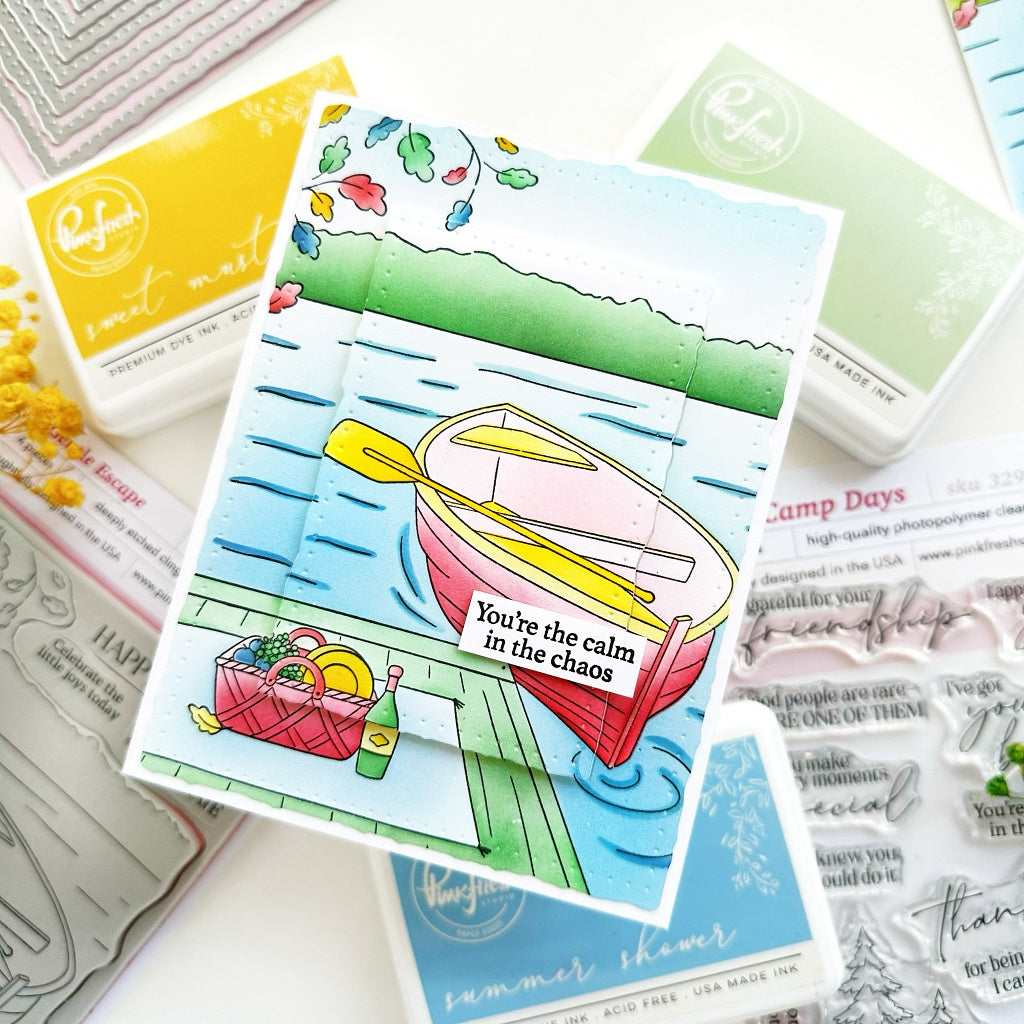 Pinkfresh Studio Gentle Escape Cling Stamps 329626 Raquel You're The Calm in the Chaos Rowboat Picnic Card