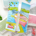 Pinkfresh Studio Gentle Escape Cling Stamps And Stencils Bundle Raquel Thanks Rowboat Card