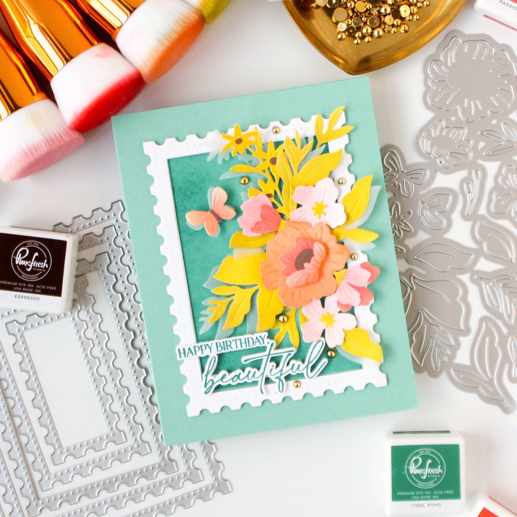 Pinkfresh Studio Golden Poppies Die 321626 Happy Birthday Beautiful Card