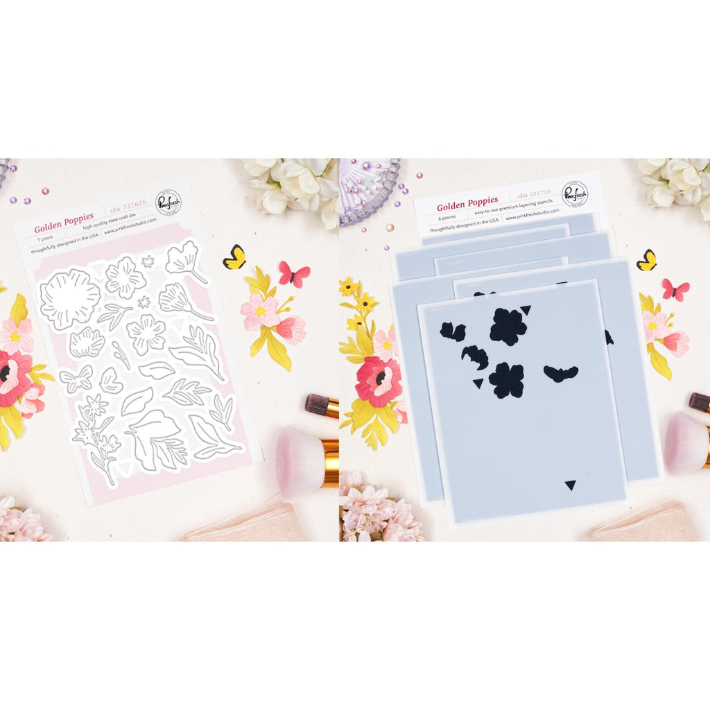 Pinkfresh Studio Golden Poppies Die And Stencils Bundle